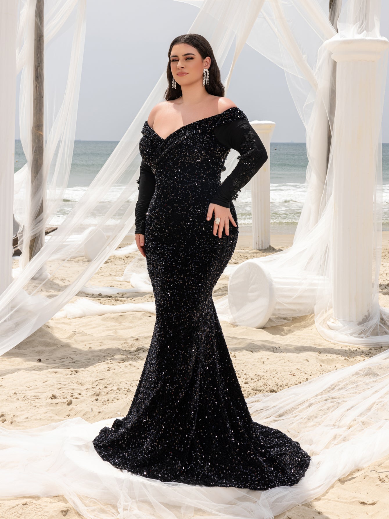 Plus Gorgeous Off Shoulder Mermaid Hem Sequin Evening Dress