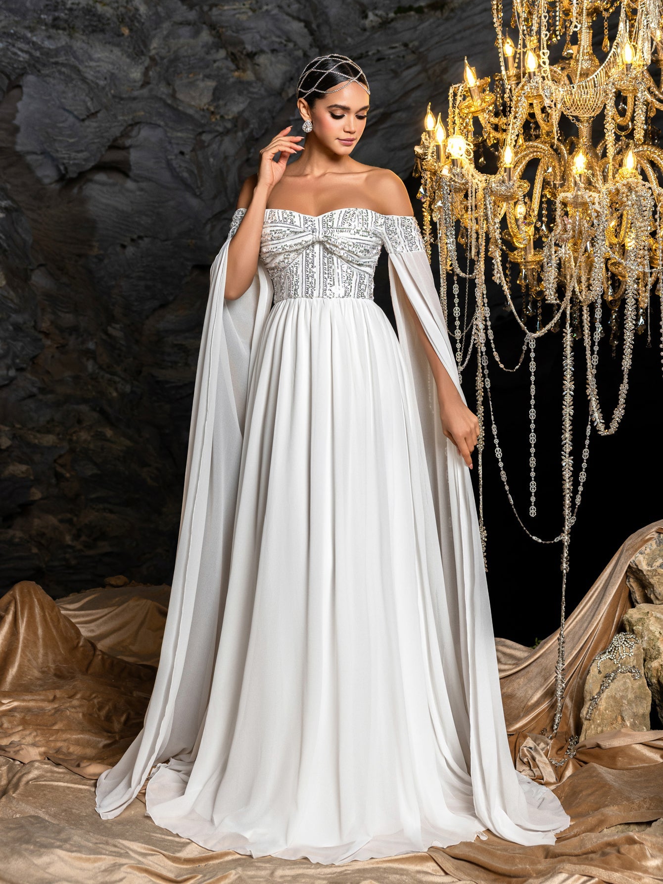 Sequin Bodice with Draped Sleeves and Flowing Skirt