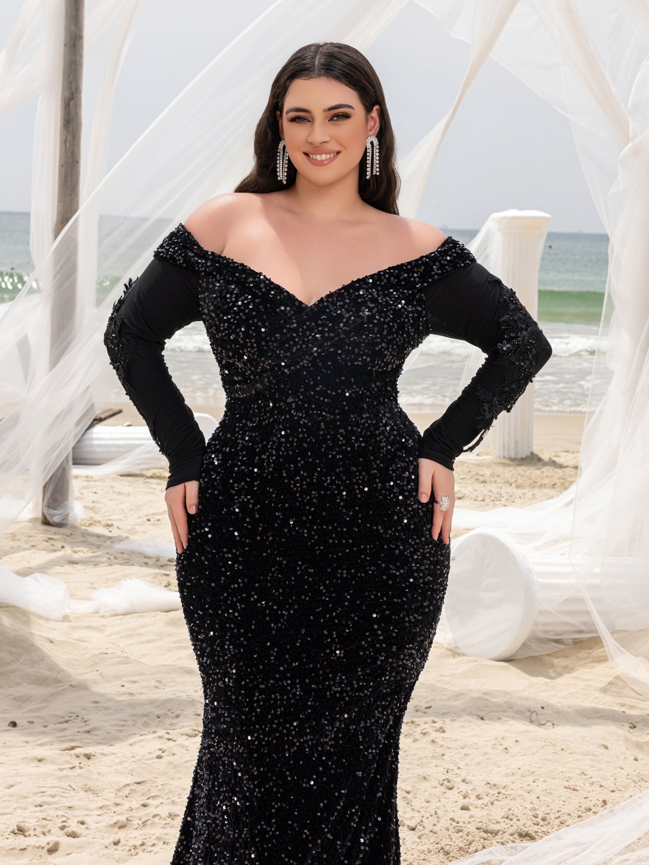 Plus Gorgeous Off Shoulder Mermaid Hem Sequin Evening Dress