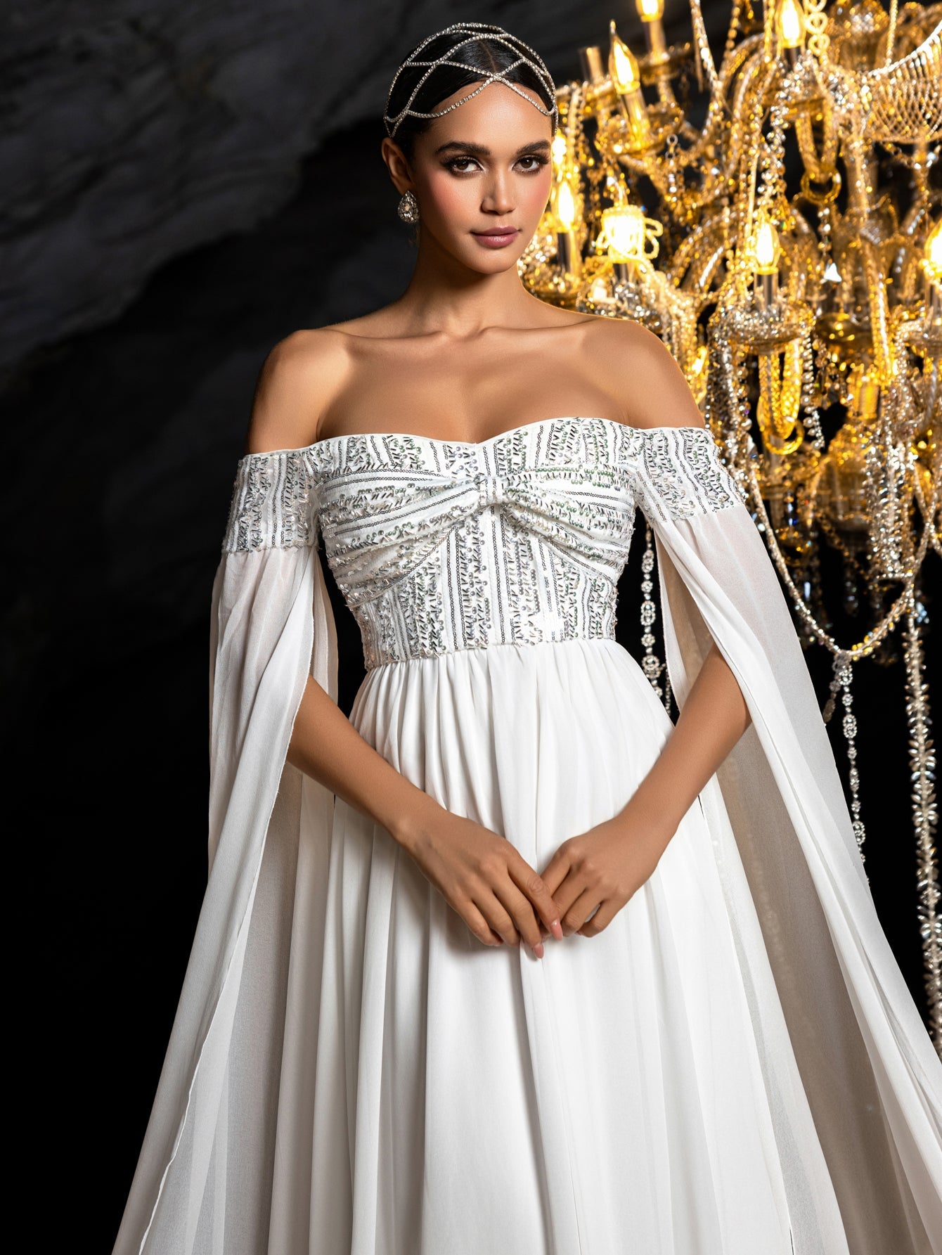 Sequin Bodice with Draped Sleeves and Flowing Skirt
