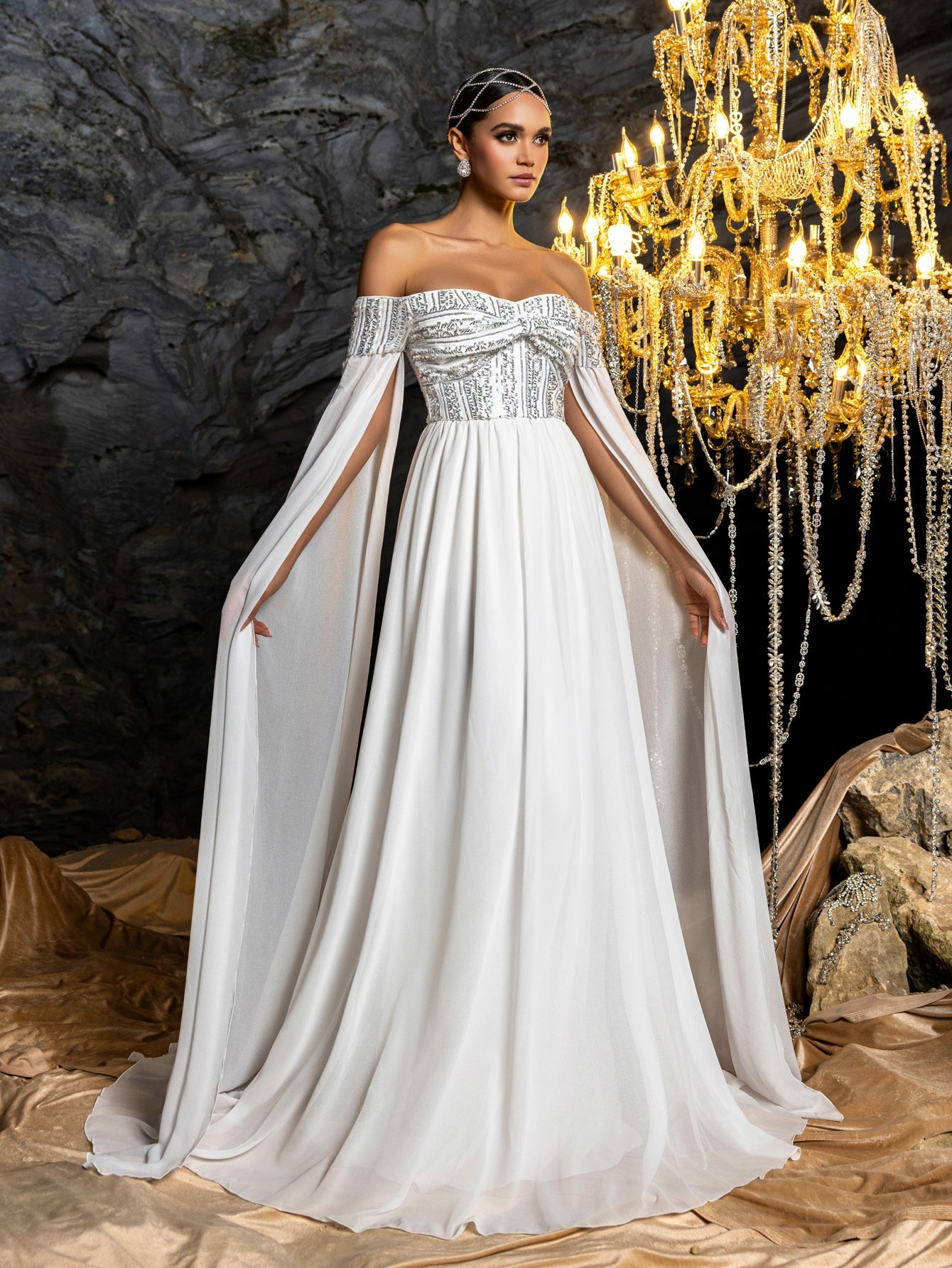 Sequin Bodice with Draped Sleeves and Flowing Skirt