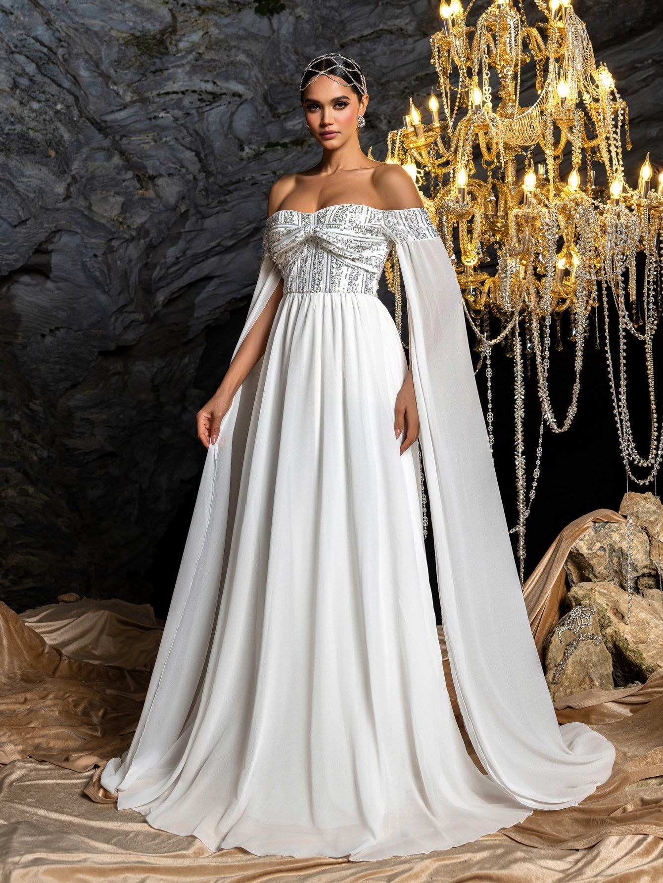 Sequin Bodice with Draped Sleeves and Flowing Skirt