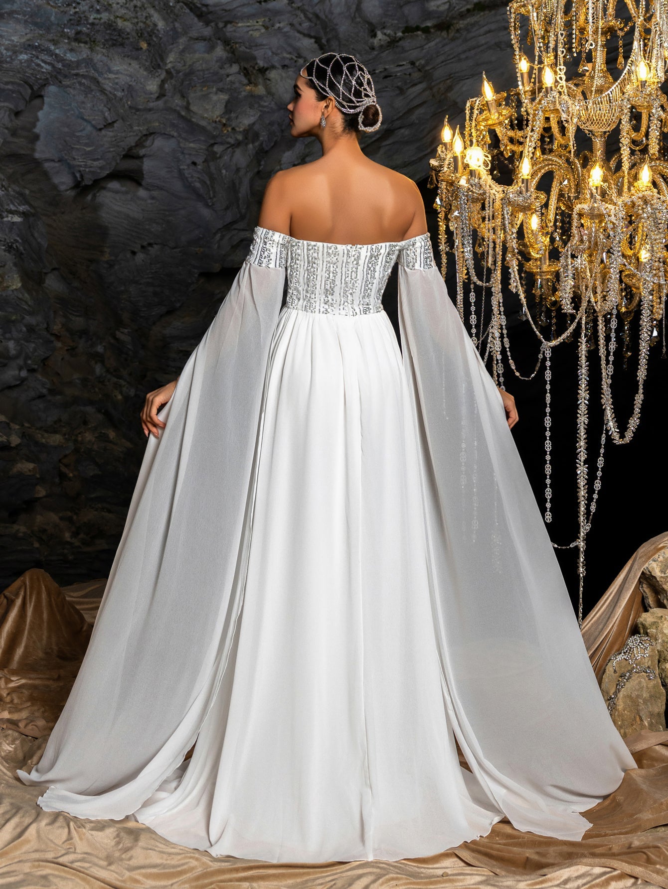 Sequin Bodice with Draped Sleeves and Flowing Skirt