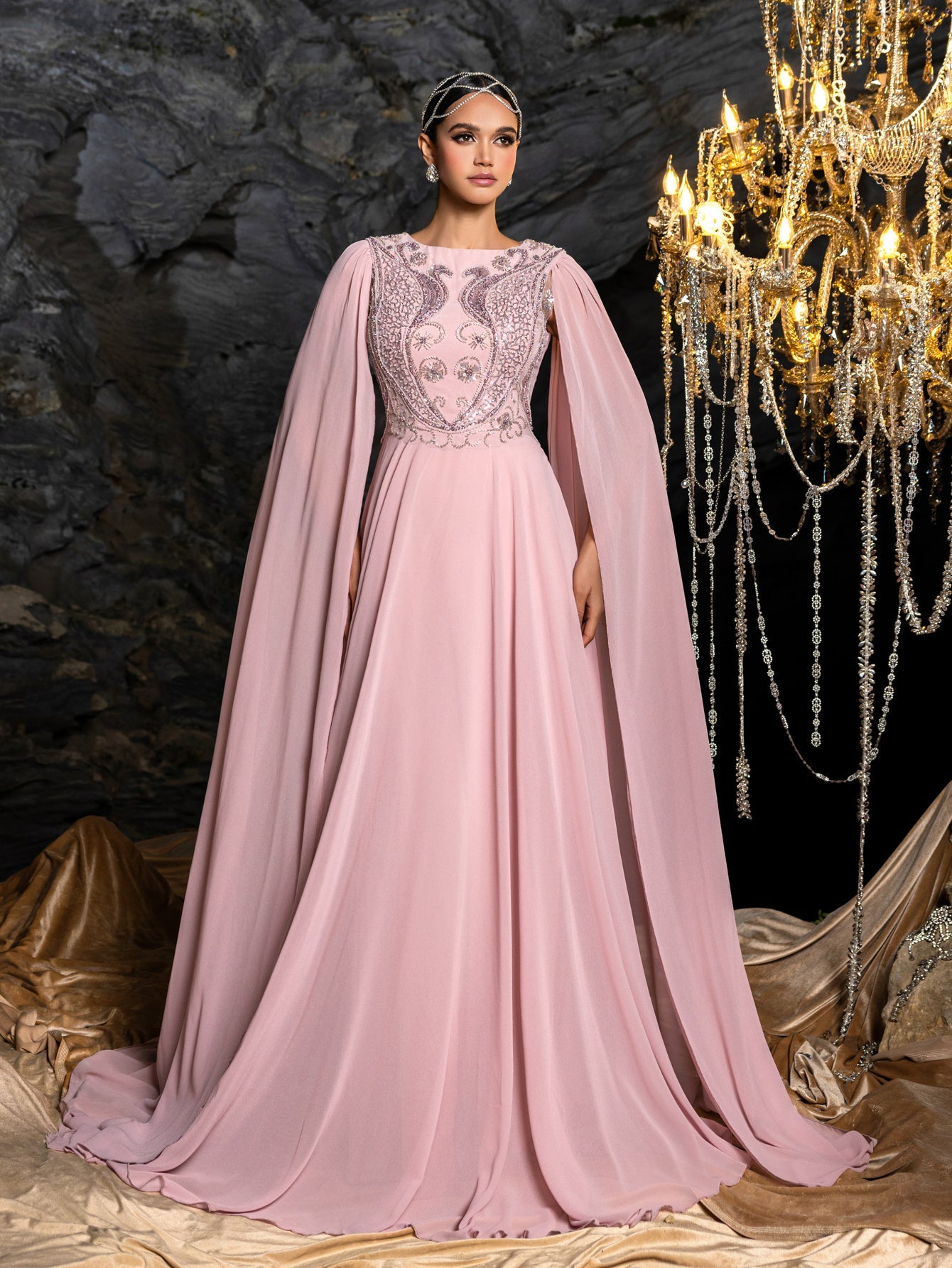 Embroidered Bodice with Dramatic Cape Sleeves