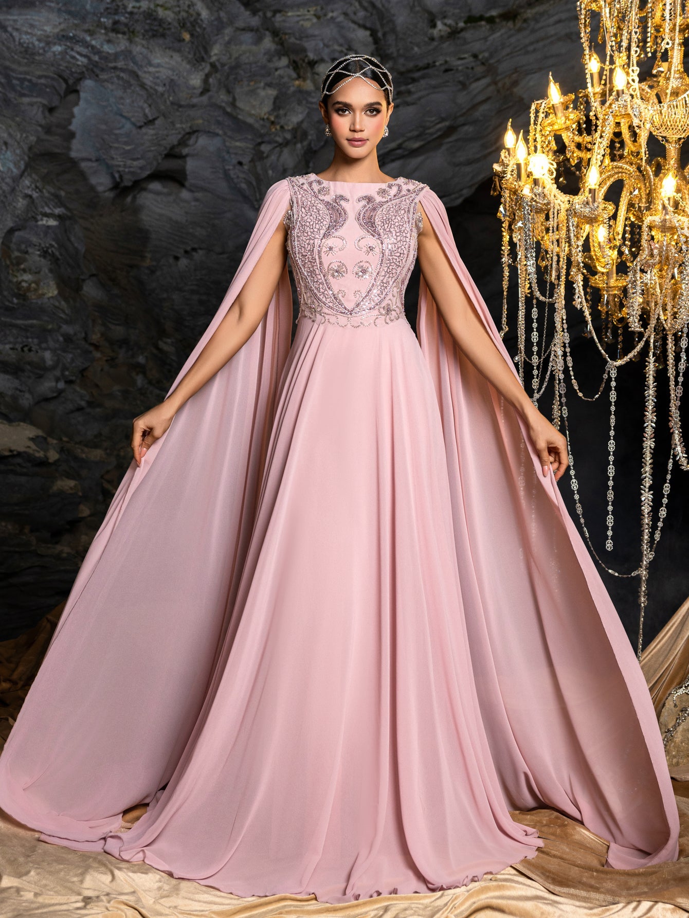 Embroidered Bodice with Dramatic Cape Sleeves