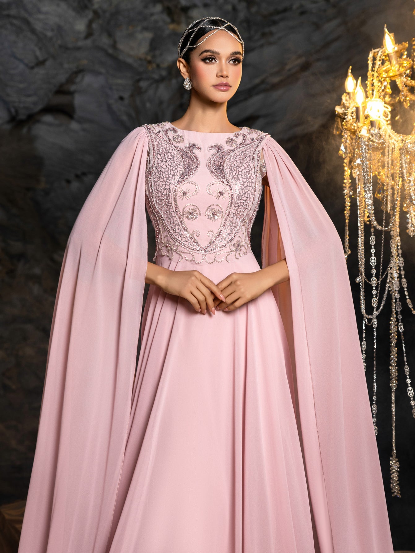 Embroidered Bodice with Dramatic Cape Sleeves