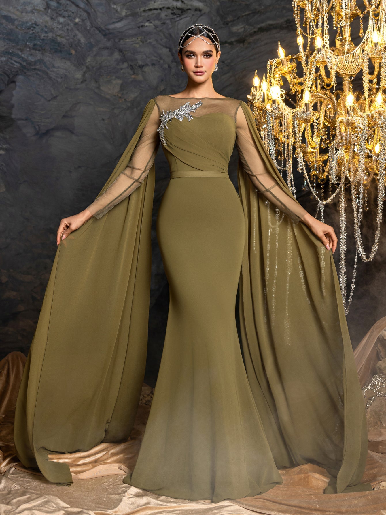 Rhinestone Embroidered Bodice with Flowing Cape