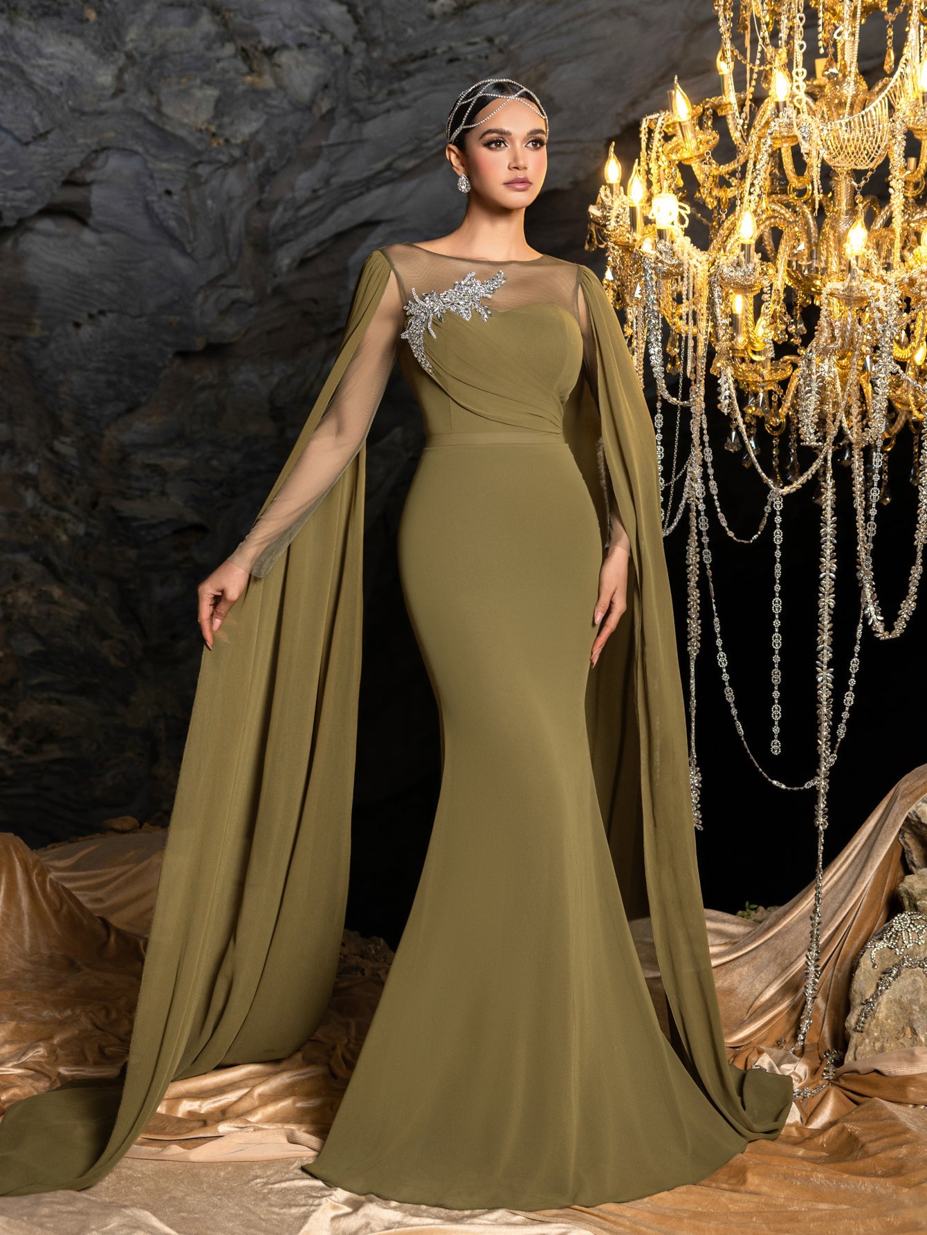 Rhinestone Embroidered Bodice with Flowing Cape