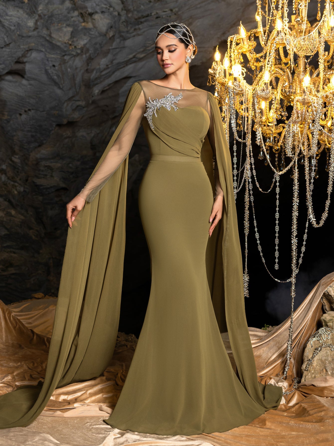 Rhinestone Embroidered Bodice with Flowing Cape