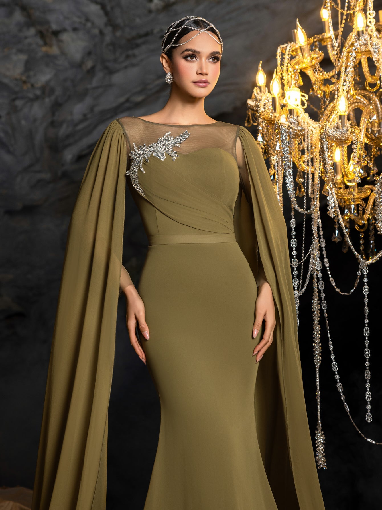 Rhinestone Embroidered Bodice with Flowing Cape