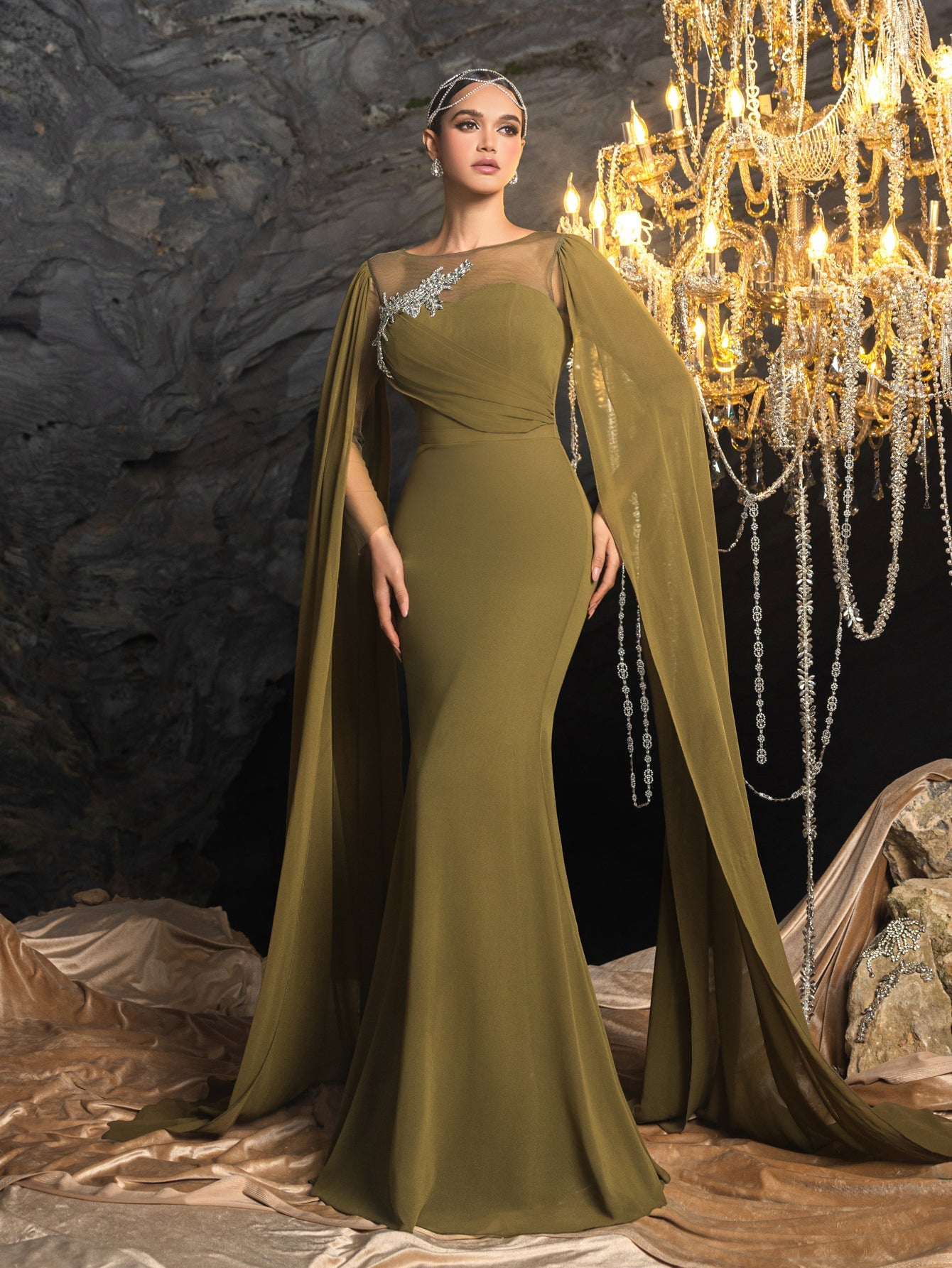 Rhinestone Embroidered Bodice with Flowing Cape