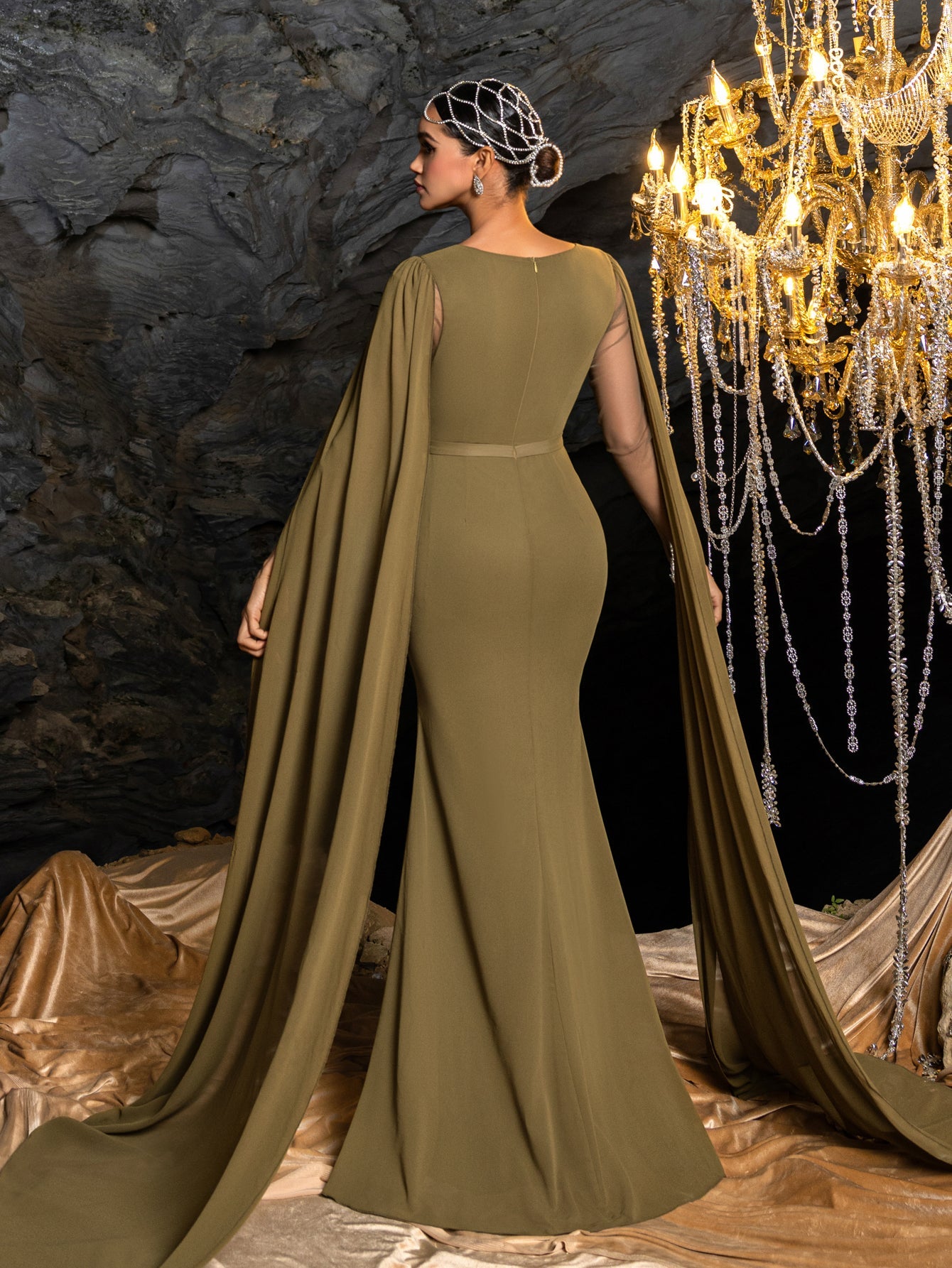 Rhinestone Embroidered Bodice with Flowing Cape