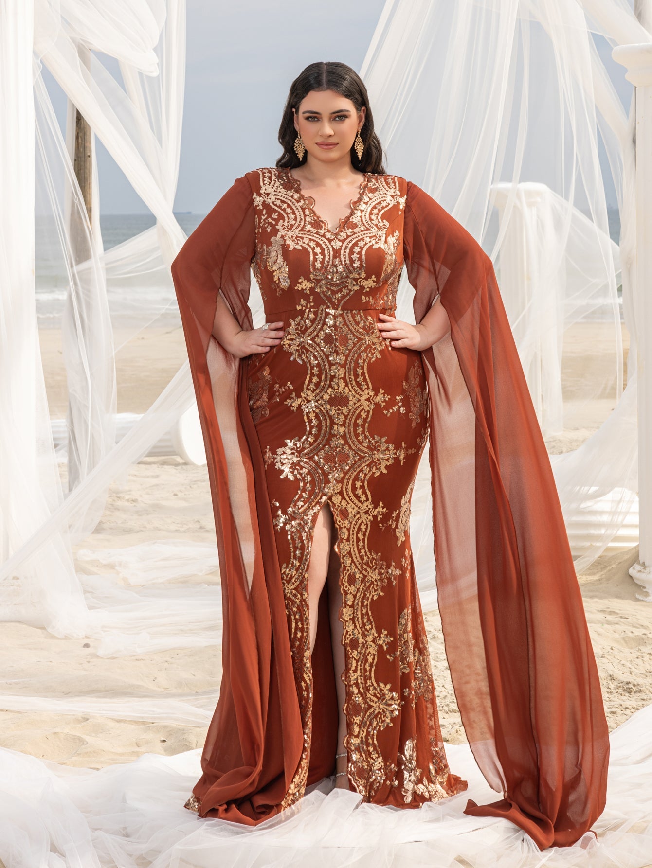 Plus Gorgeous Sequin Embroidery Evening Gown - V-Neck Mermaid Dress with Cape Sleeves & High Slit