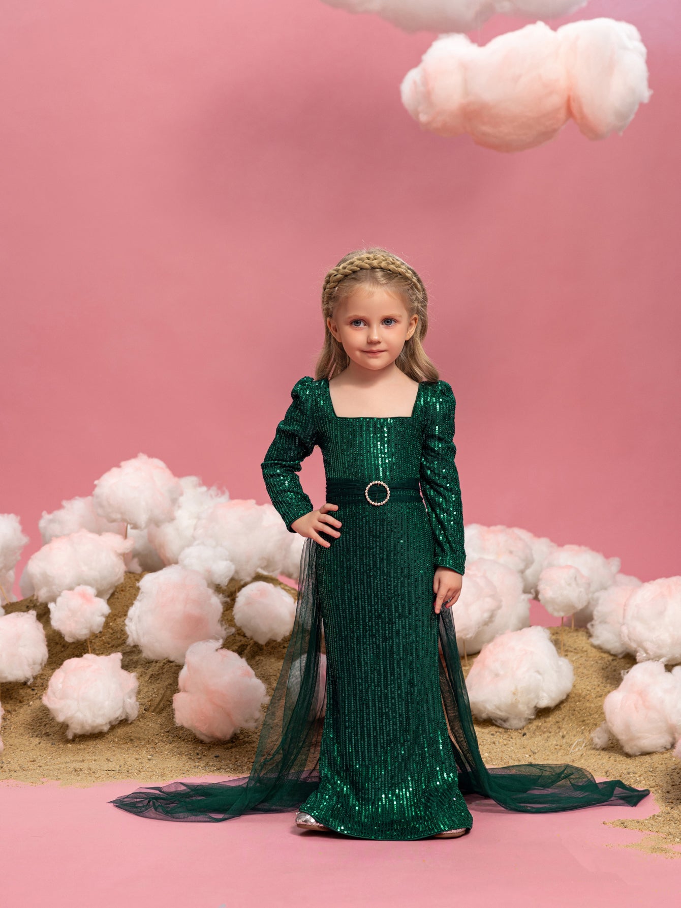 Young Girls' Square Neck Mesh Overlay Sequin Party Dress Dark Green / 7Y Young Girls' Square Neck Mesh Overlay Sequin Party Dress Dark Green / 7Y