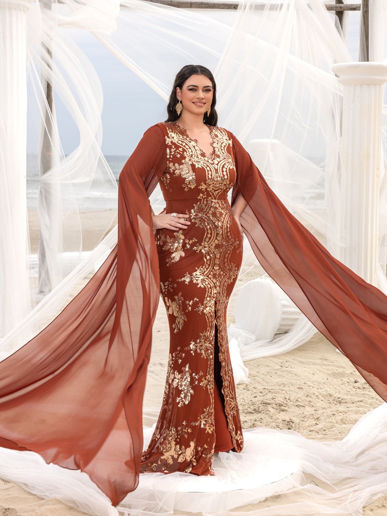 Plus Gorgeous Sequin Embroidery Evening Gown - V-Neck Mermaid Dress with Cape Sleeves & High Slit