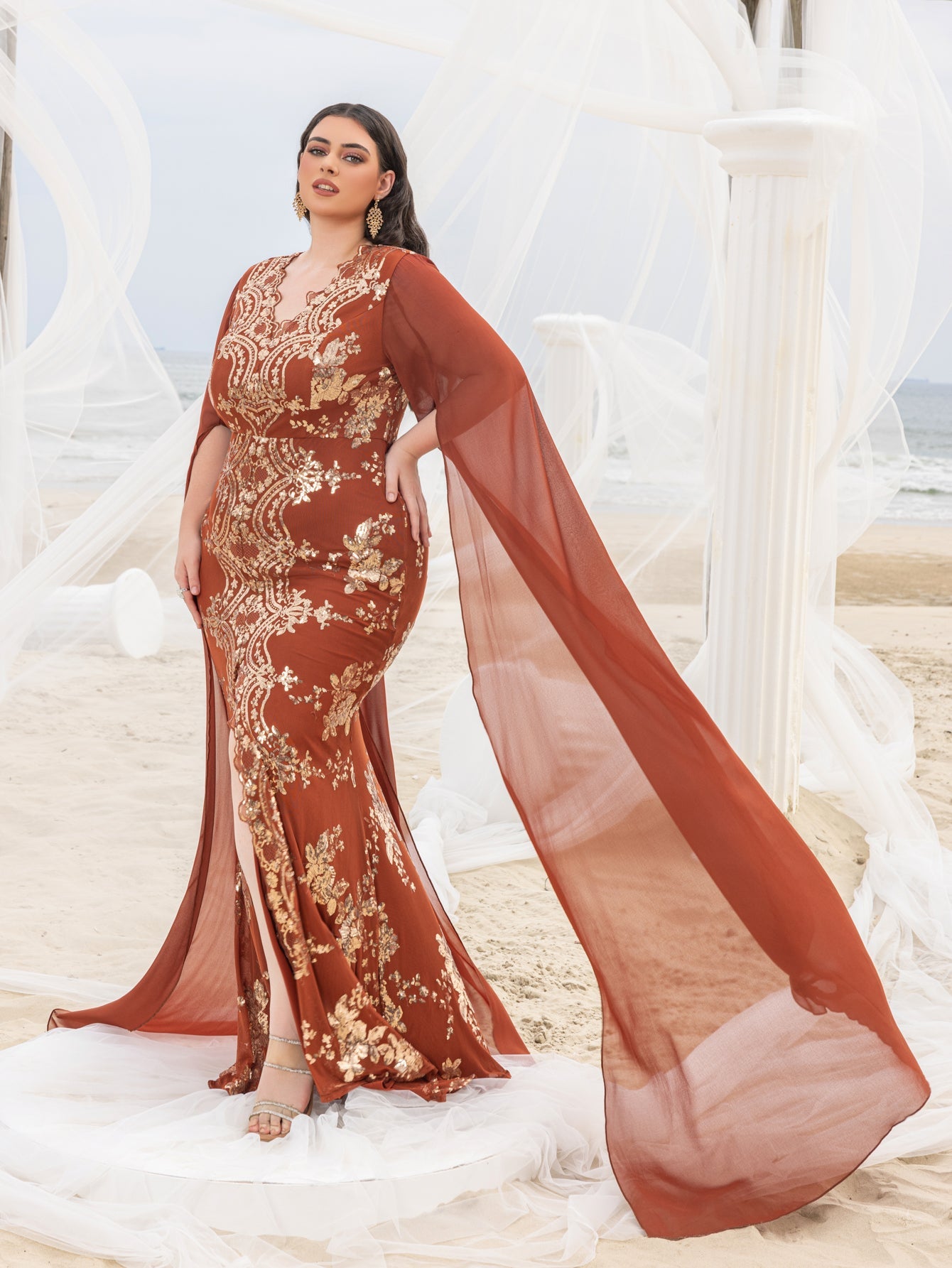 Plus Gorgeous Sequin Embroidery Evening Gown - V-Neck Mermaid Dress with Cape Sleeves & High Slit