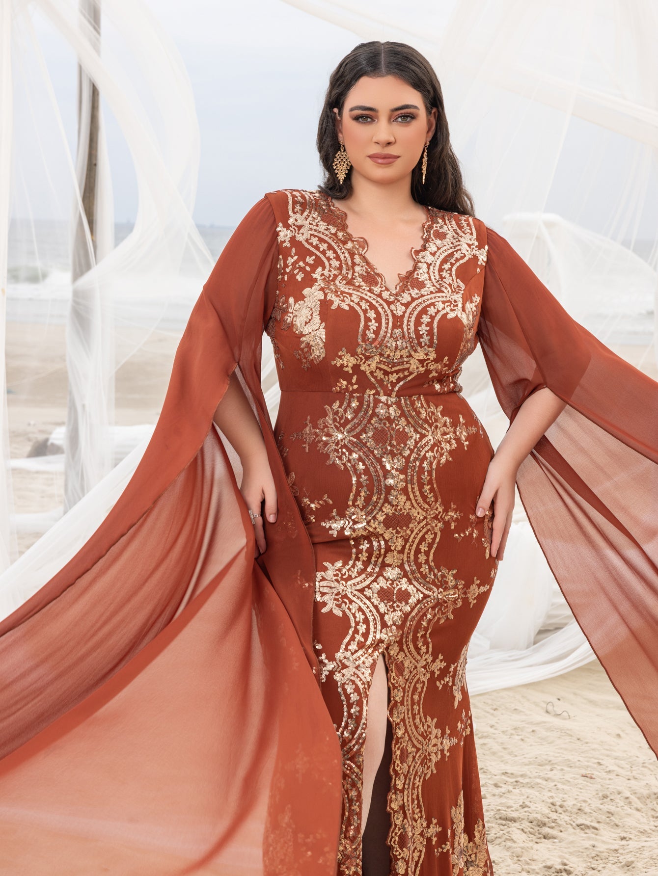 Plus Gorgeous Sequin Embroidery Evening Gown - V-Neck Mermaid Dress with Cape Sleeves & High Slit