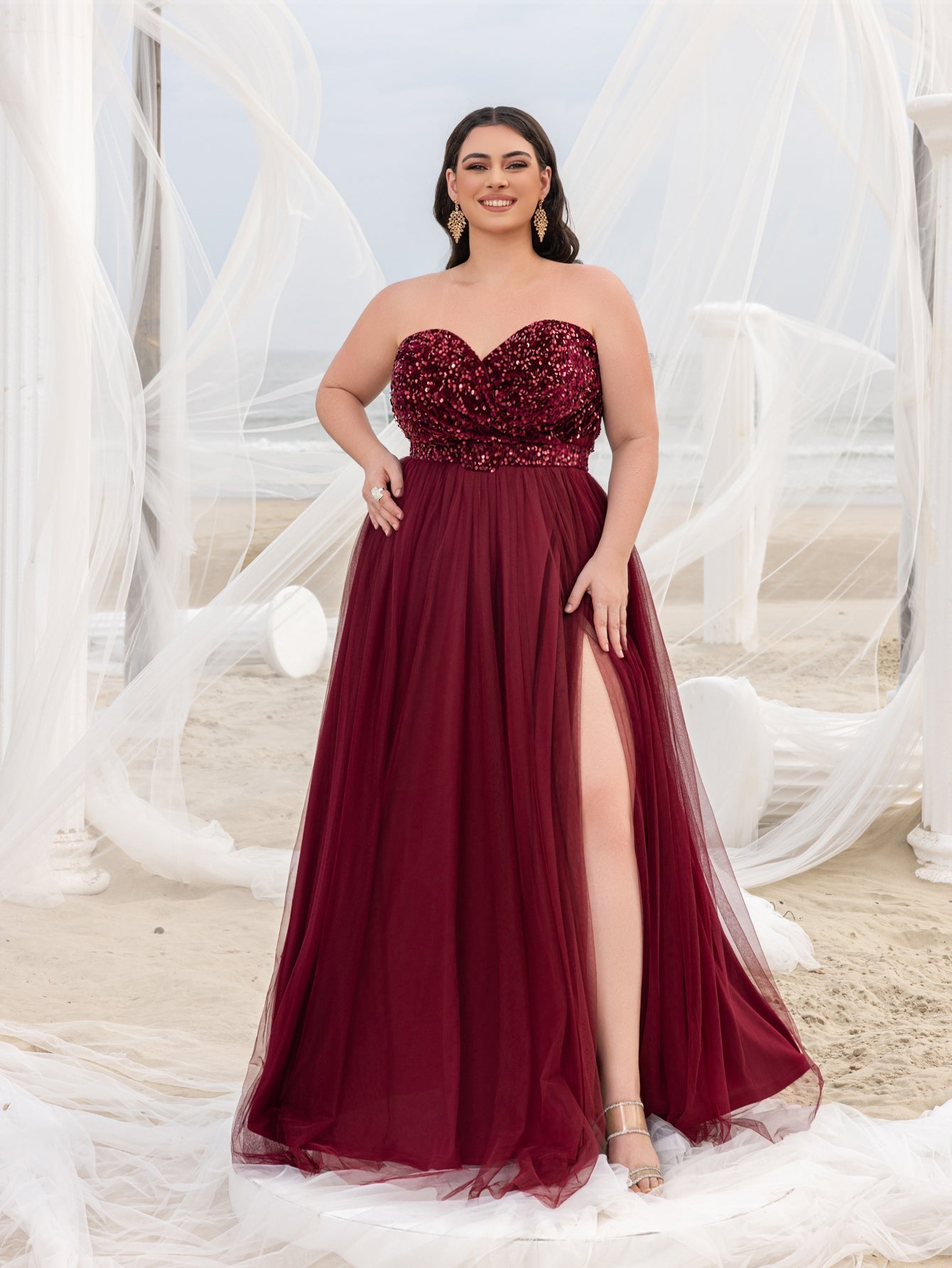 Plus Elegant Sequin Strapless Split Thigh A-line Formal Dress