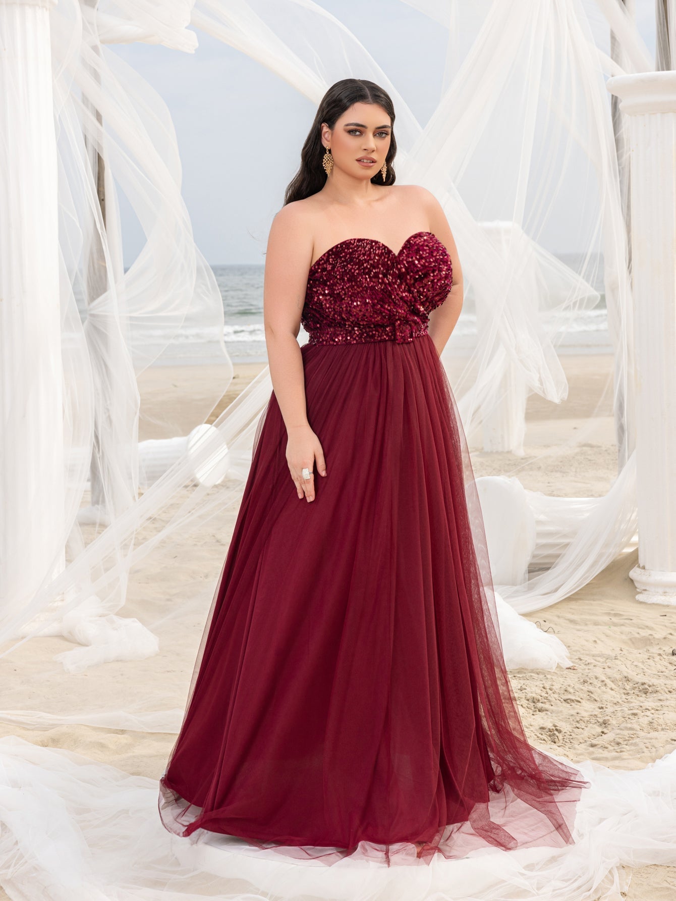 Plus Elegant Sequin Strapless Split Thigh A-line Formal Dress