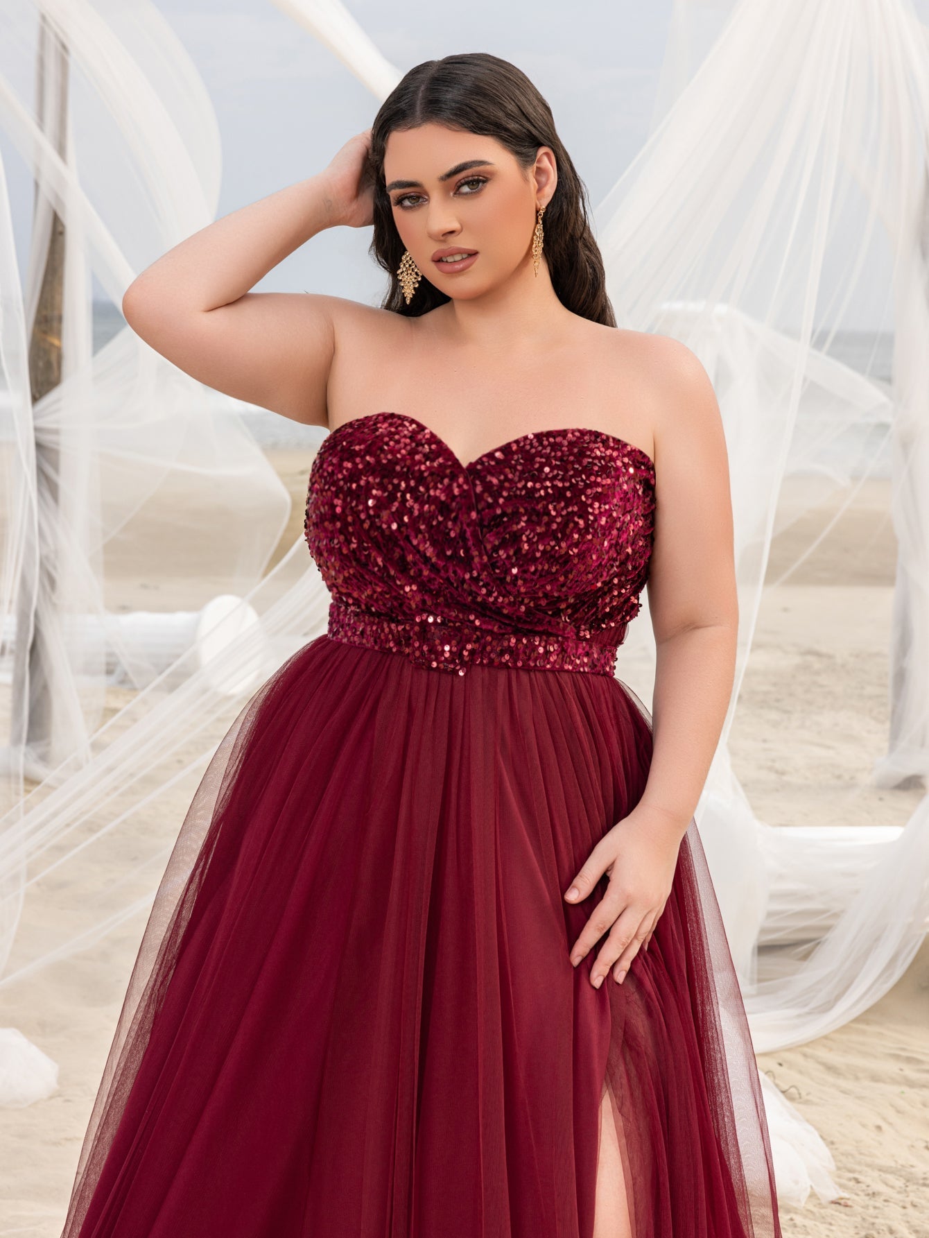 Plus Elegant Sequin Strapless Split Thigh A-line Formal Dress