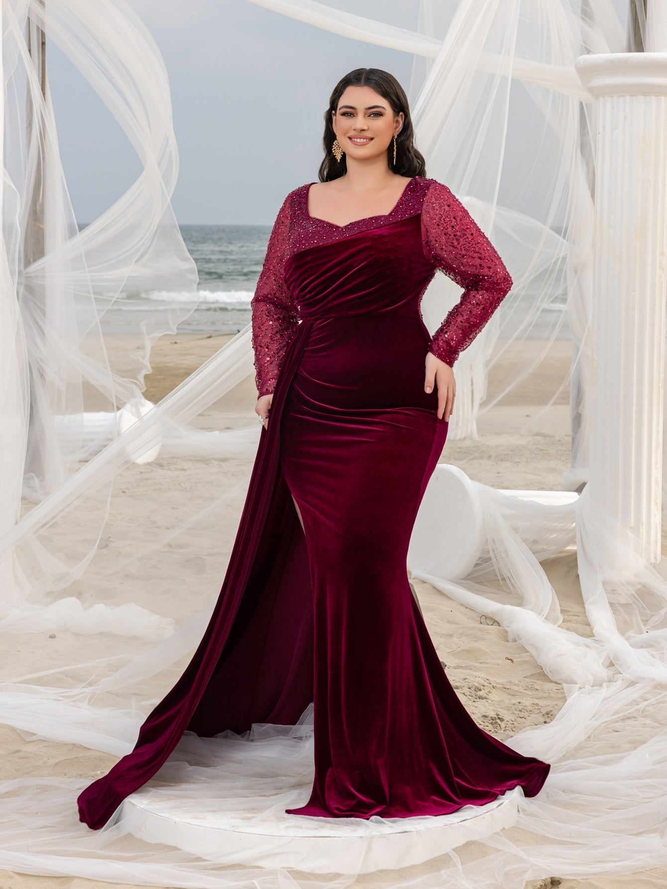 Plus Elegant Sweetheart Neck Contrast Sequin Mermaid Hem Velvet Evening Dress