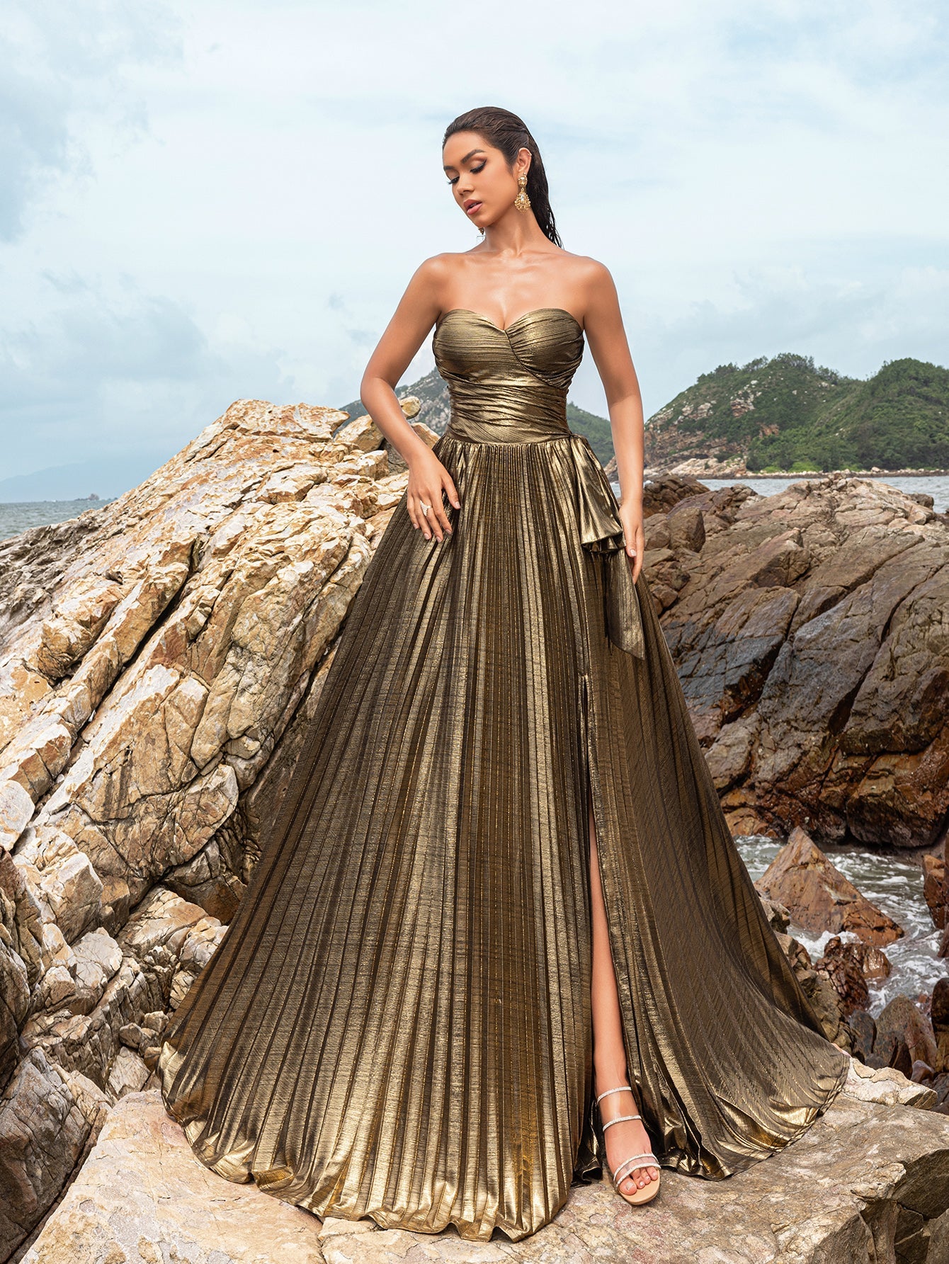 Metallic Ruched Bodice Pleated Hem Formal Party Tube Dress Bronze / S Metallic Ruched Bodice Pleated Hem Formal Party Tube Dress Bronze / S