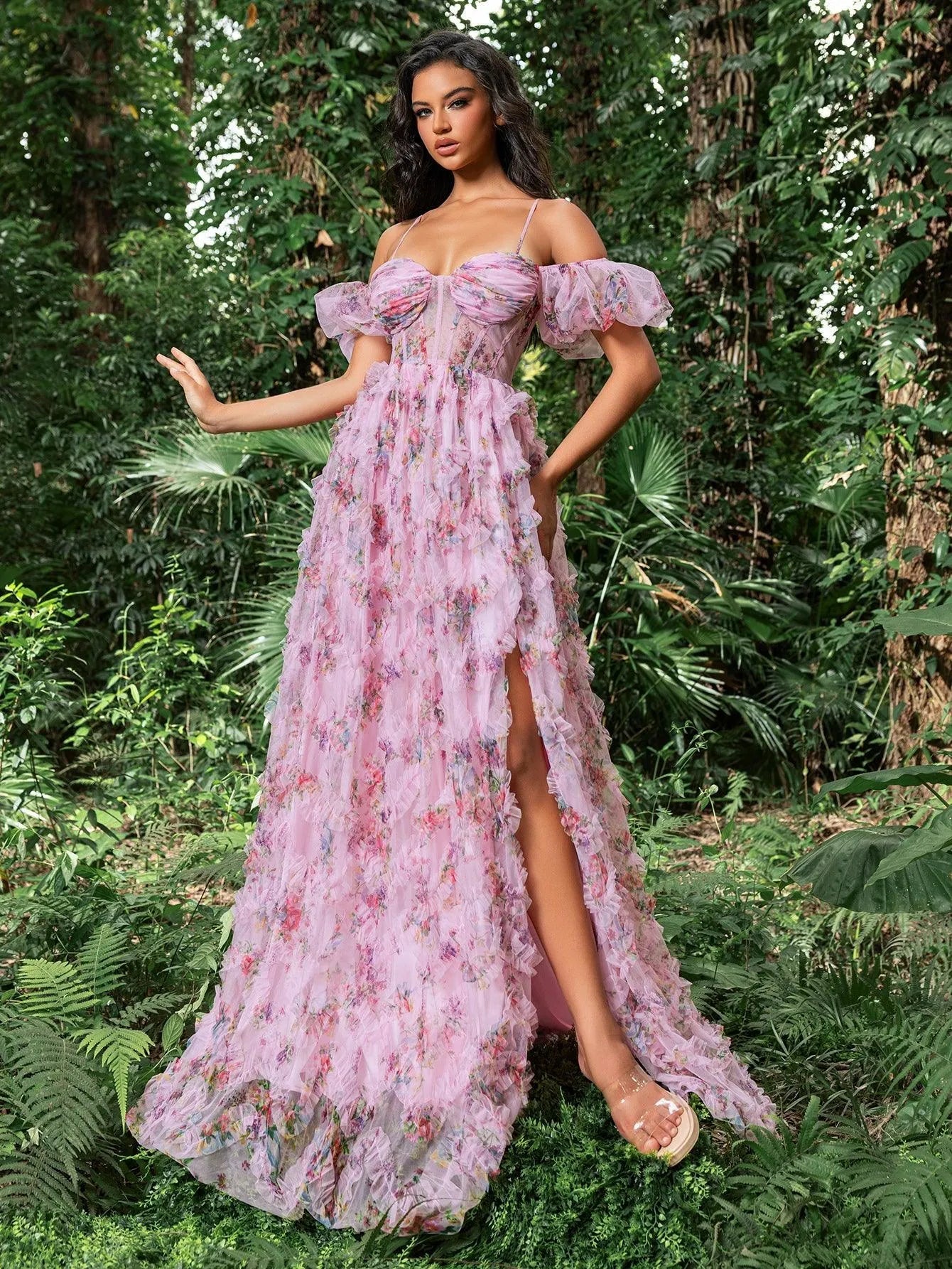 Floral Tulle Off Shoulder Cascading Ruffle Hem Slip Prom Dress Green / M Floral Tulle Off Shoulder Cascading Ruffle Hem Slip Prom Dress Green / M