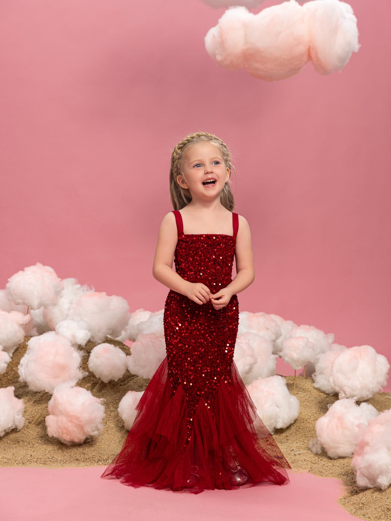 Young Girls' Sleeveless Mesh Overlay Sequin Mermaid Party Dress Red / 7Y