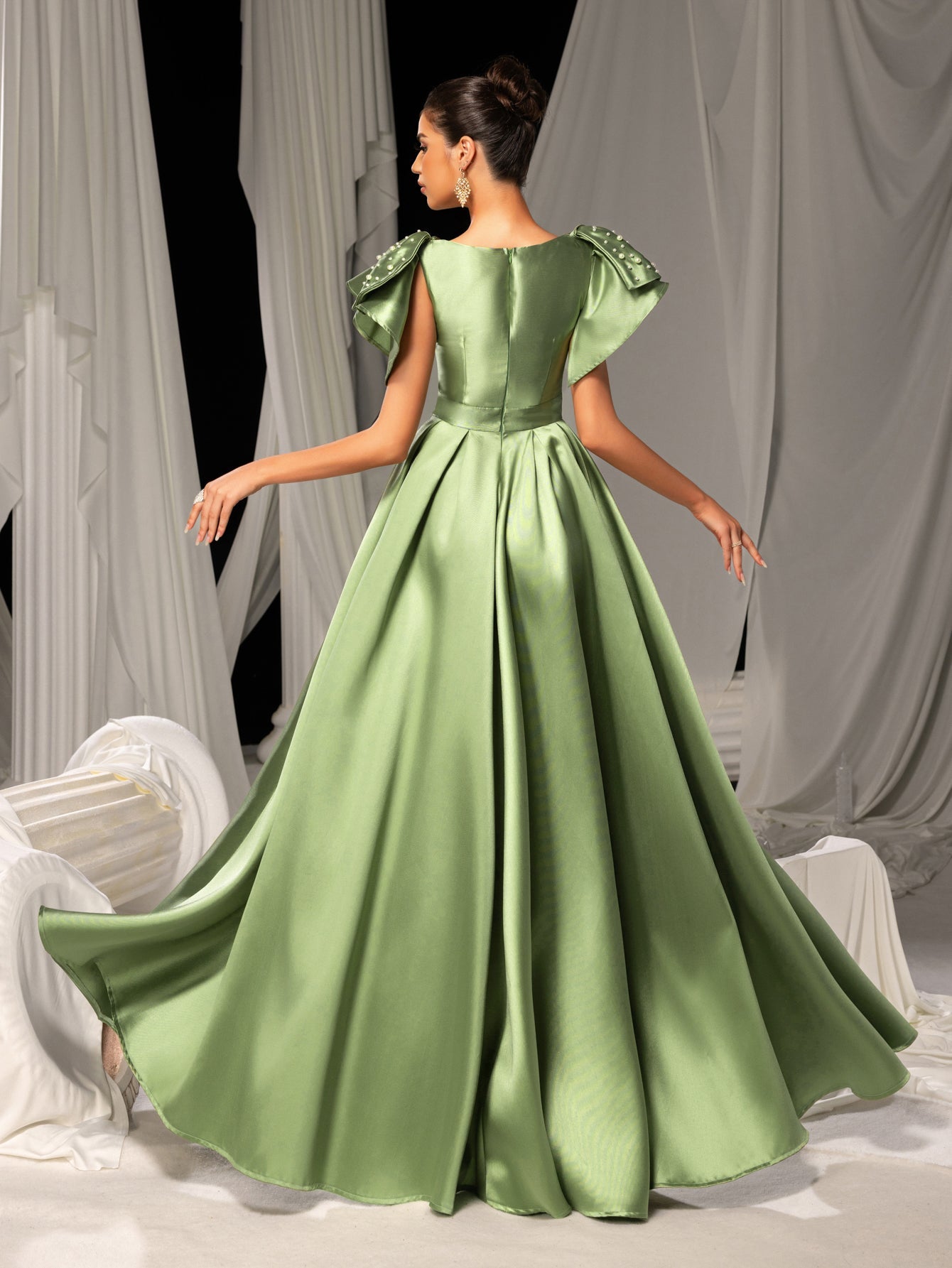 Elegant Satin Evening Gown with Bow Shoulder & Dramatic High Slit L Faeriesty Elegant Satin Evening Gown with Bow Shoulder & Dramatic High Slit L Faeriesty