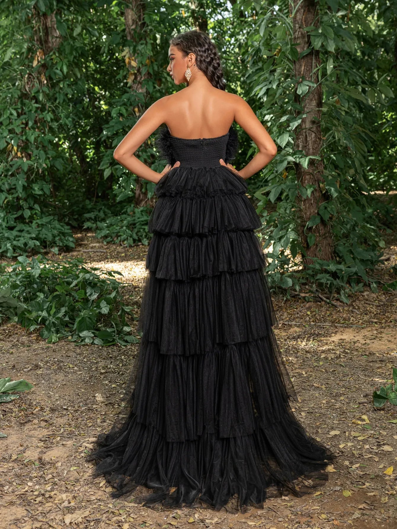 Luxury Feather Bodice Layered Ruffle Tulle Hem Prom Tube Dress Black / XS Luxury Feather Bodice Layered Ruffle Tulle Hem Prom Tube Dress Black / XS