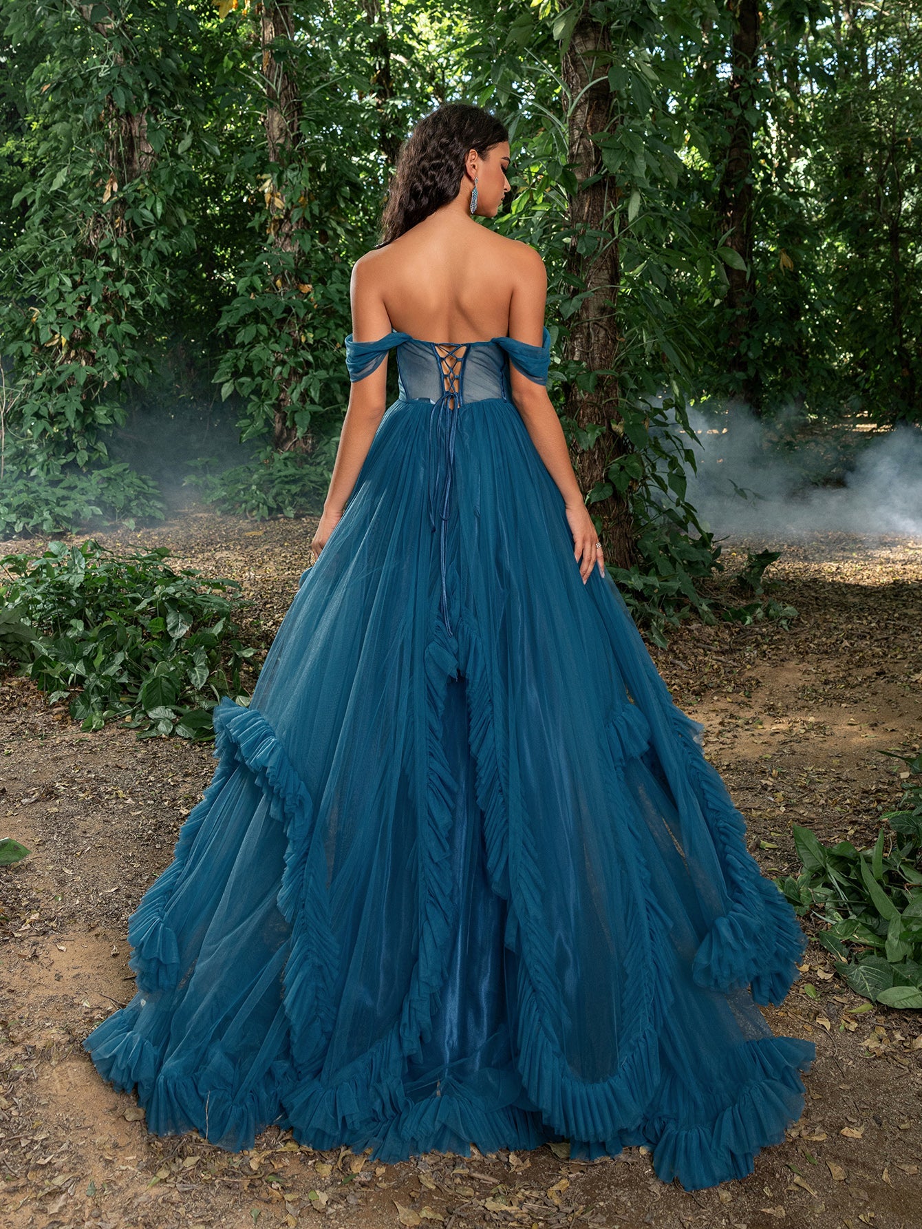 Gorgeous Off Shoulder Sheer Corset Bodice Ruffle Trim Tulle Prom Dress, Teal Blue / M