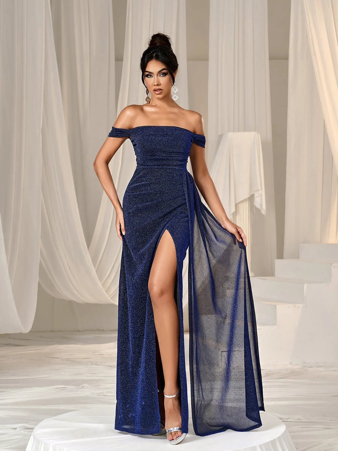 Glitter Off Shoulder Draped Side Split Thigh Formal Evening Dress Faeriesty Glitter Off Shoulder Draped Side Split Thigh Formal Evening Dress Faeriesty