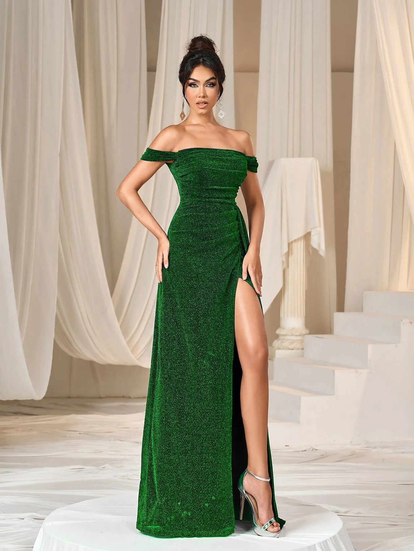 Glitter Off Shoulder Draped Side Split Thigh Formal Evening Dress Faeriesty Glitter Off Shoulder Draped Side Split Thigh Formal Evening Dress Faeriesty