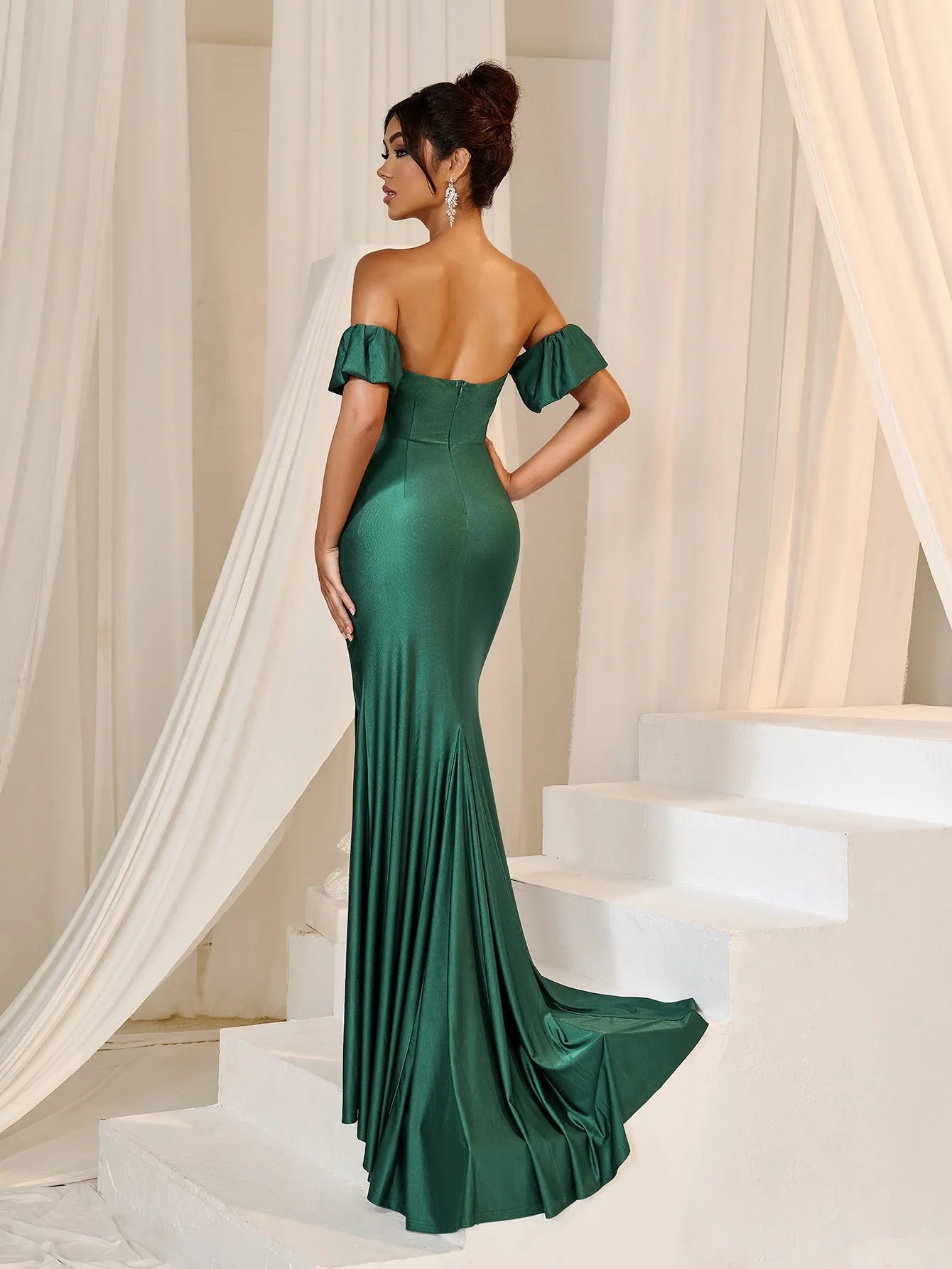 Elegant Off Shoulder Ruched Bust Split Mermaid Hem Evening Dress Burgundy / L Elegant Off Shoulder Ruched Bust Split Mermaid Hem Evening Dress Burgundy / L
