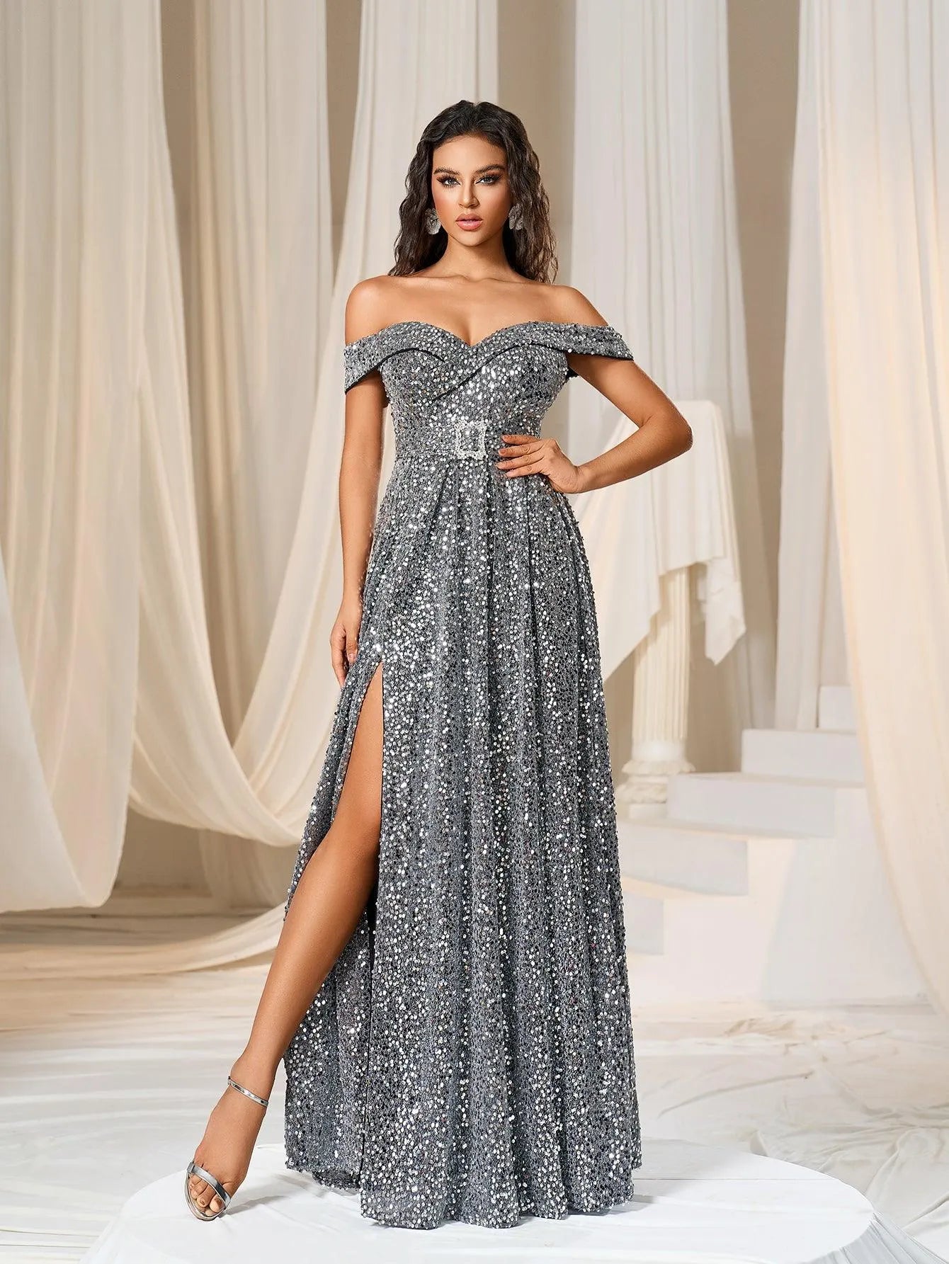 Off Shoulder Buckle Belted Sequin Dress Silver / S Off Shoulder Buckle Belted Sequin Dress Silver / S