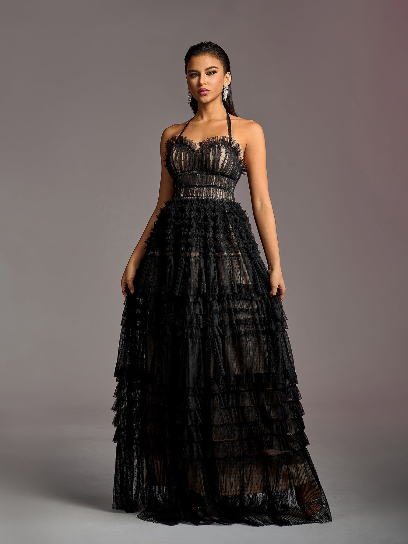 Gorgeous Halter Neck Lace-up Back Cascading Ruffle Hem Tulle Wedding Black / L Gorgeous Halter Neck Lace-up Back Cascading Ruffle Hem Tulle Wedding Black / L