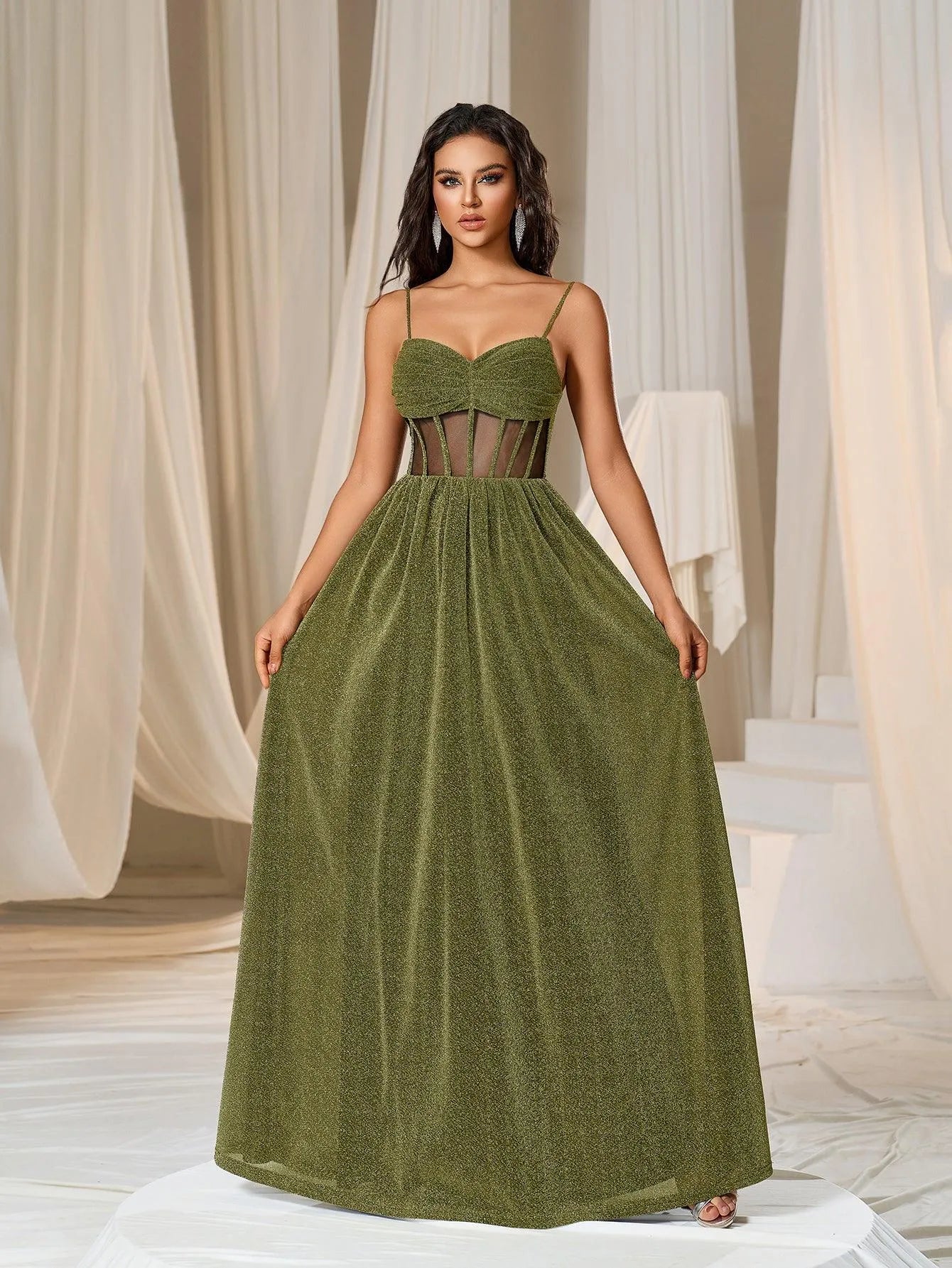 Elegant Glitter A Line Cami Party Dress Gold / L Elegant Glitter A Line Cami Party Dress Gold / L
