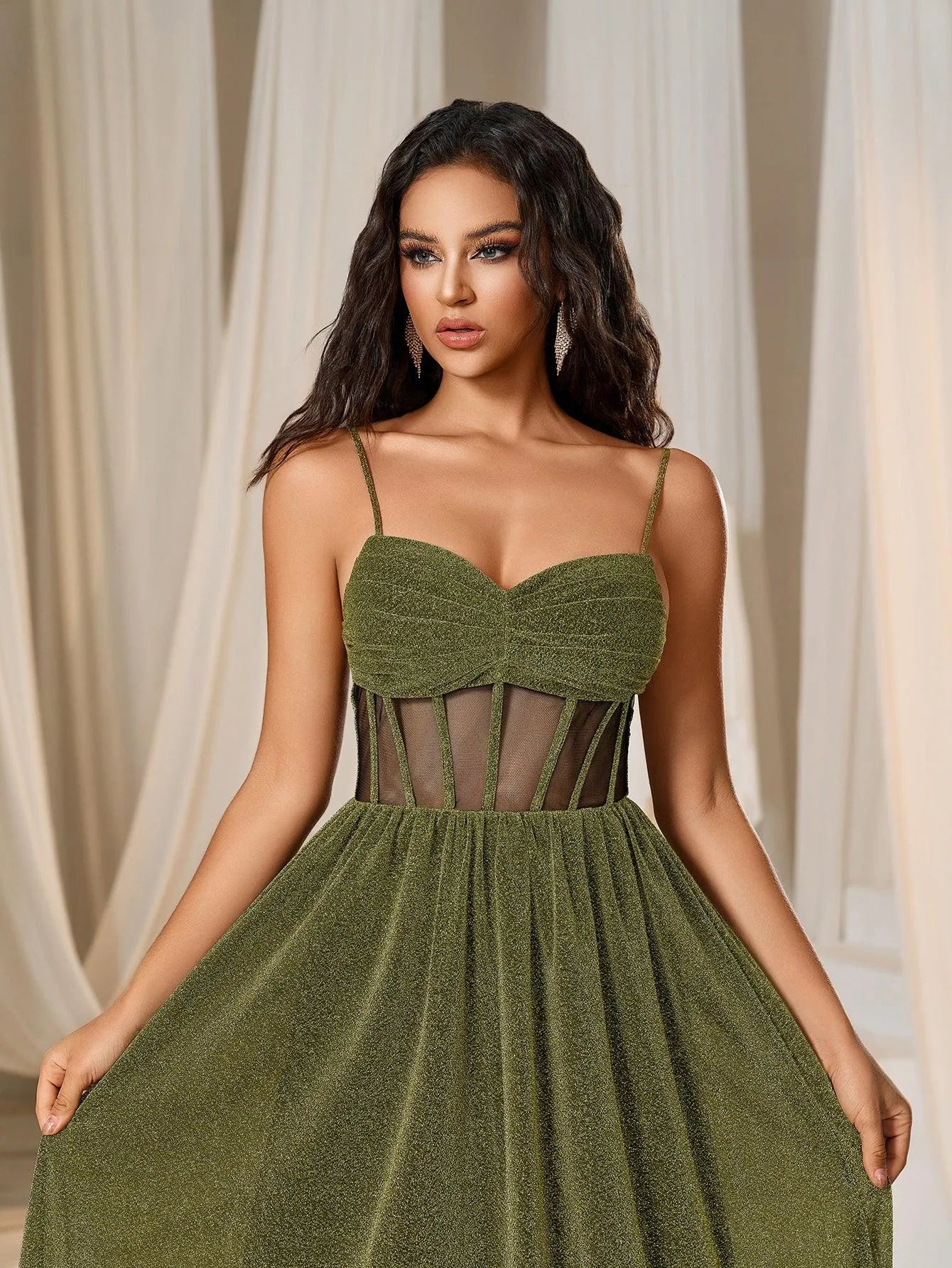 Elegant Glitter A Line Cami Party Dress Gold / L Elegant Glitter A Line Cami Party Dress Gold / L