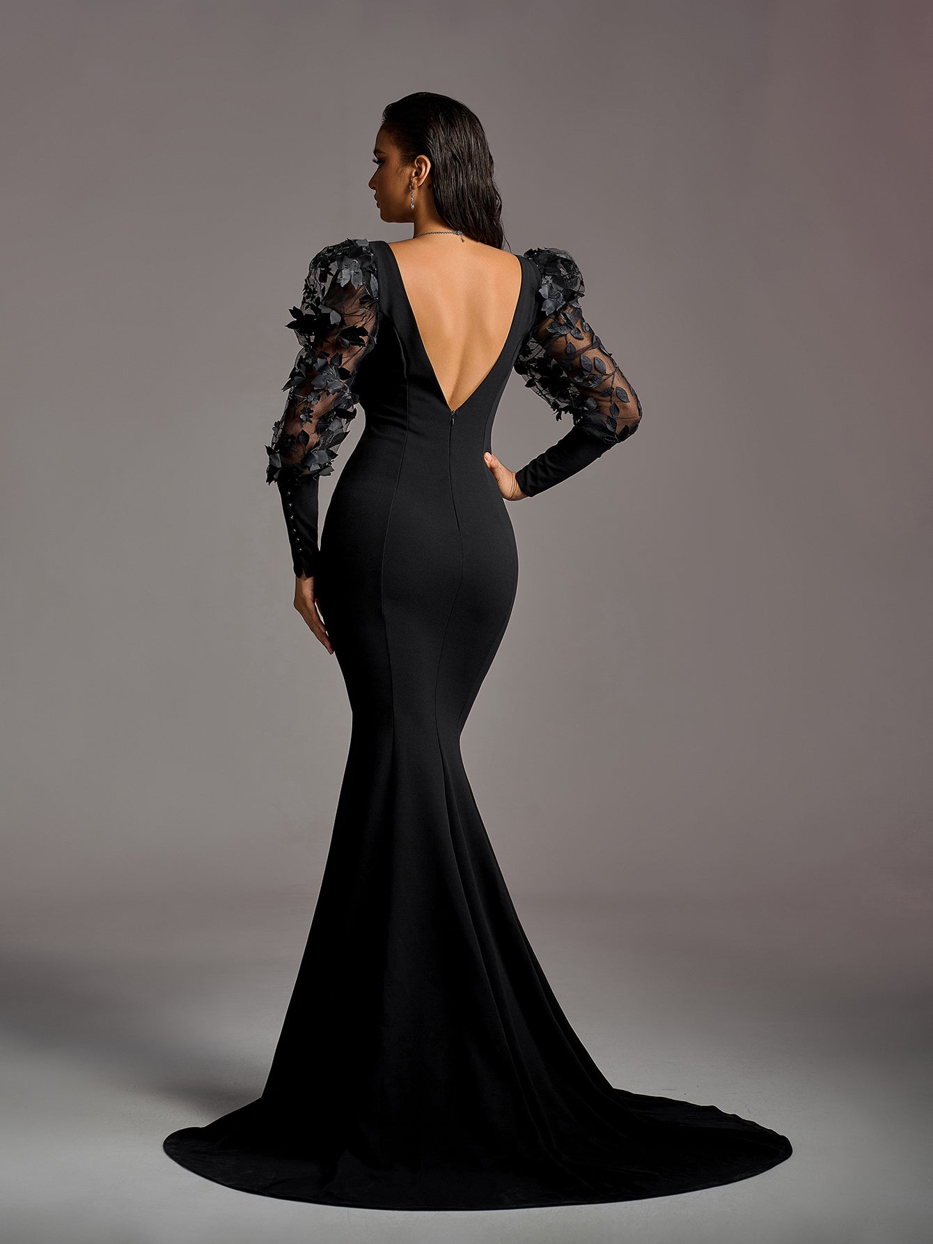 Elegant Plunging Neck Backless Applique Bishop Sleeves Mermaid Hem Ev Faeriesty Elegant Plunging Neck Backless Applique Bishop Sleeves Mermaid Hem Ev Faeriesty