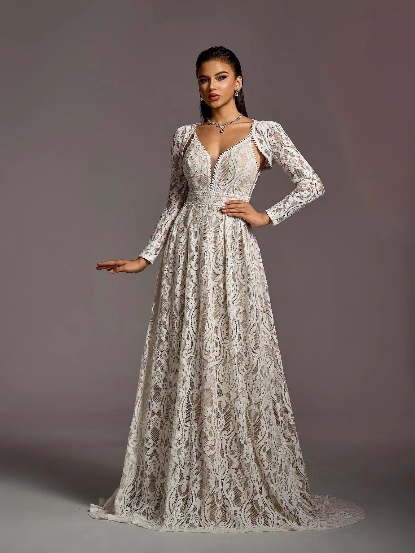 Gorgeous Elegant Plunging Neck Two Pieces Lace Wedding Dress White / L Gorgeous Elegant Plunging Neck Two Pieces Lace Wedding Dress White / L