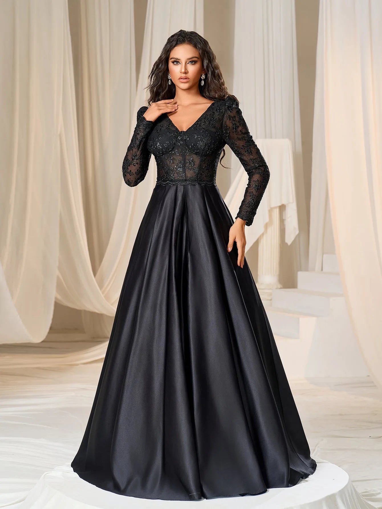 Elegant V Neck Lace Bodice Satin A-line Prom Dress Faeriesty Elegant V Neck Lace Bodice Satin A-line Prom Dress Faeriesty