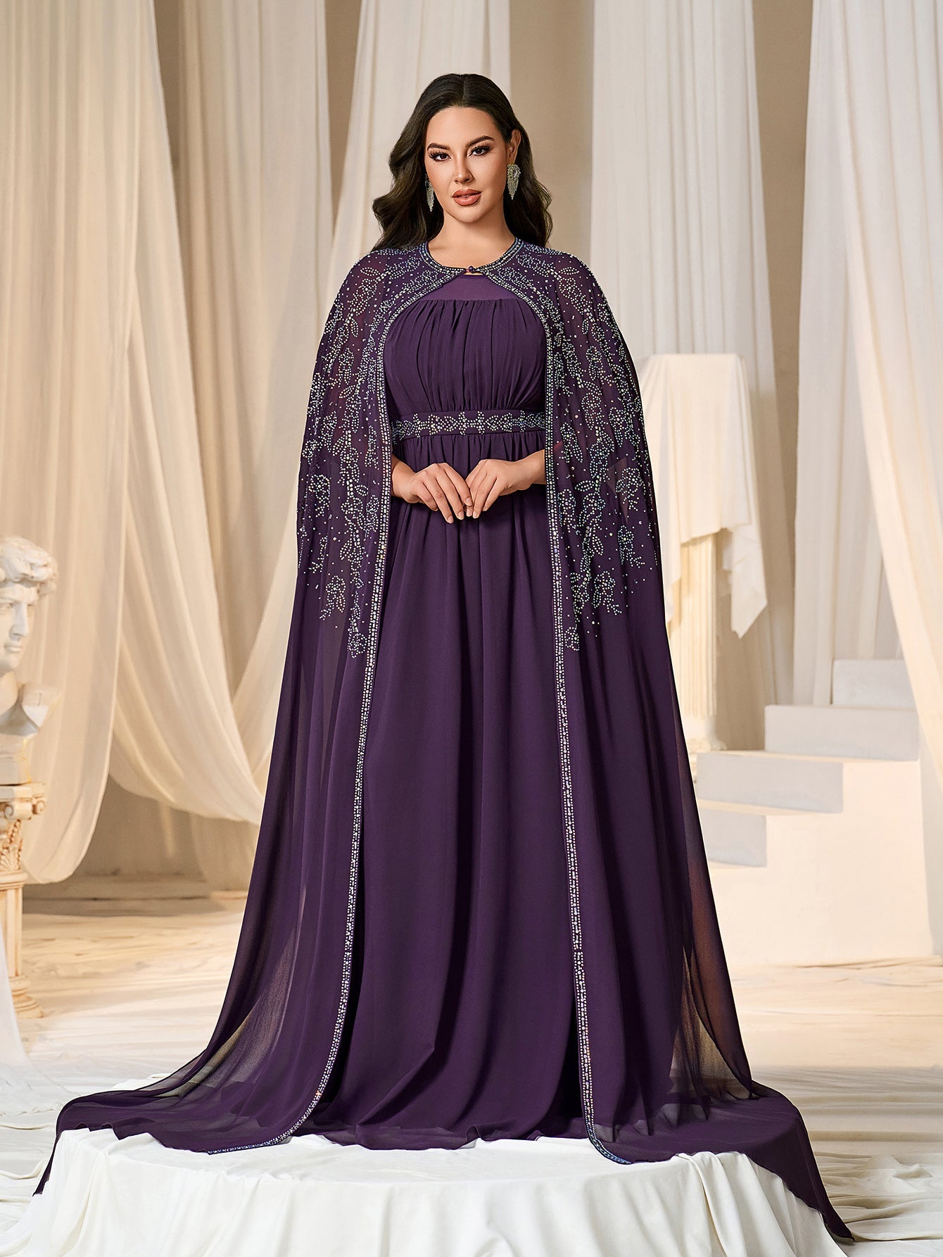 Rhinestone Cape Sleeves & A-Line Skirt with Cathedral Train