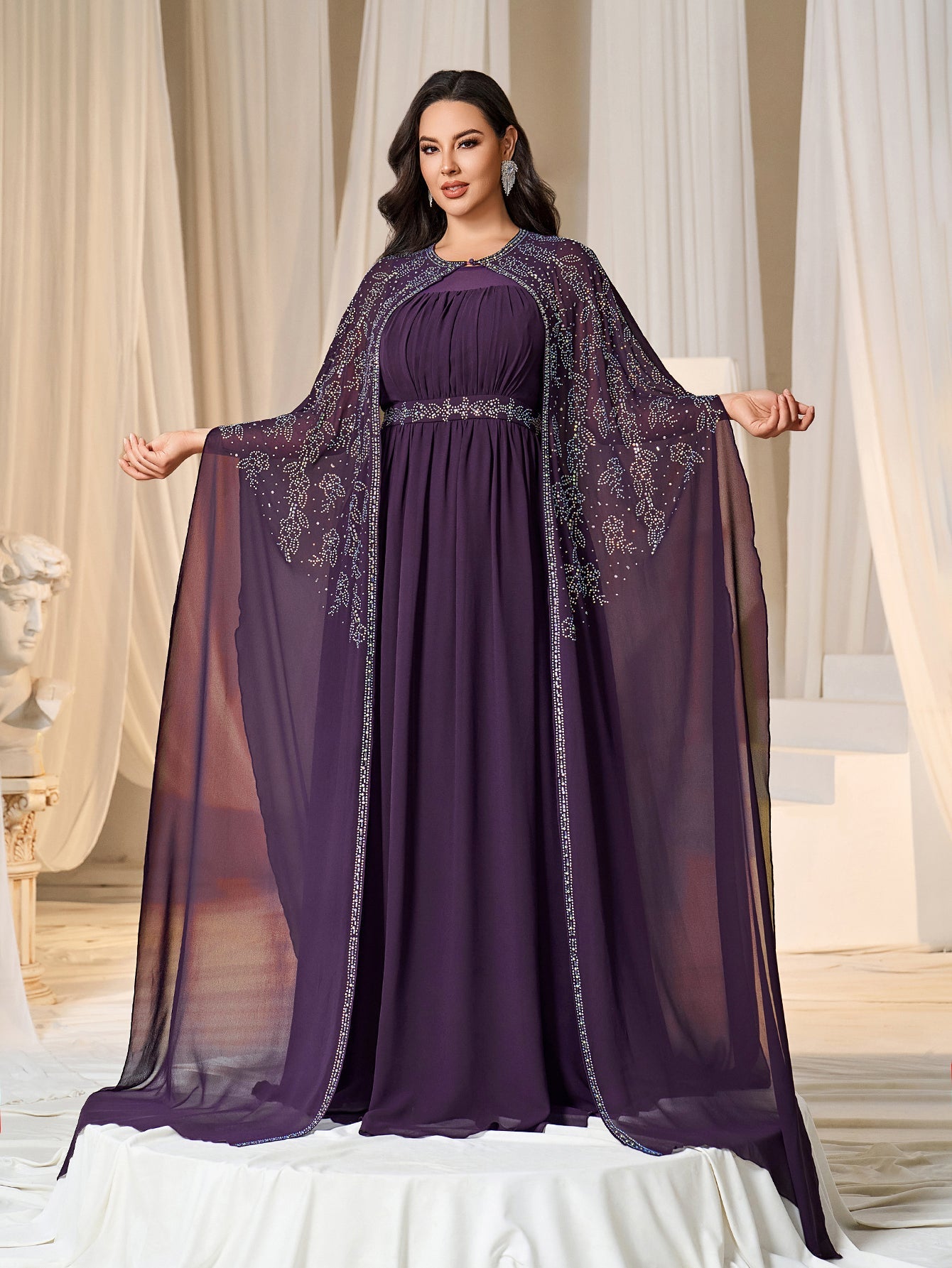 Rhinestone Cape Sleeves & A-Line Skirt with Cathedral Train