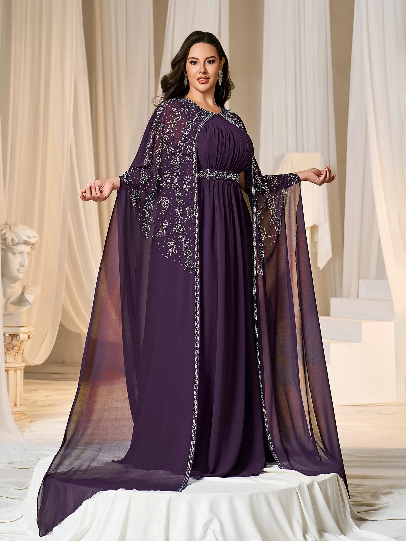 Rhinestone Cape Sleeves & A-Line Skirt with Cathedral Train