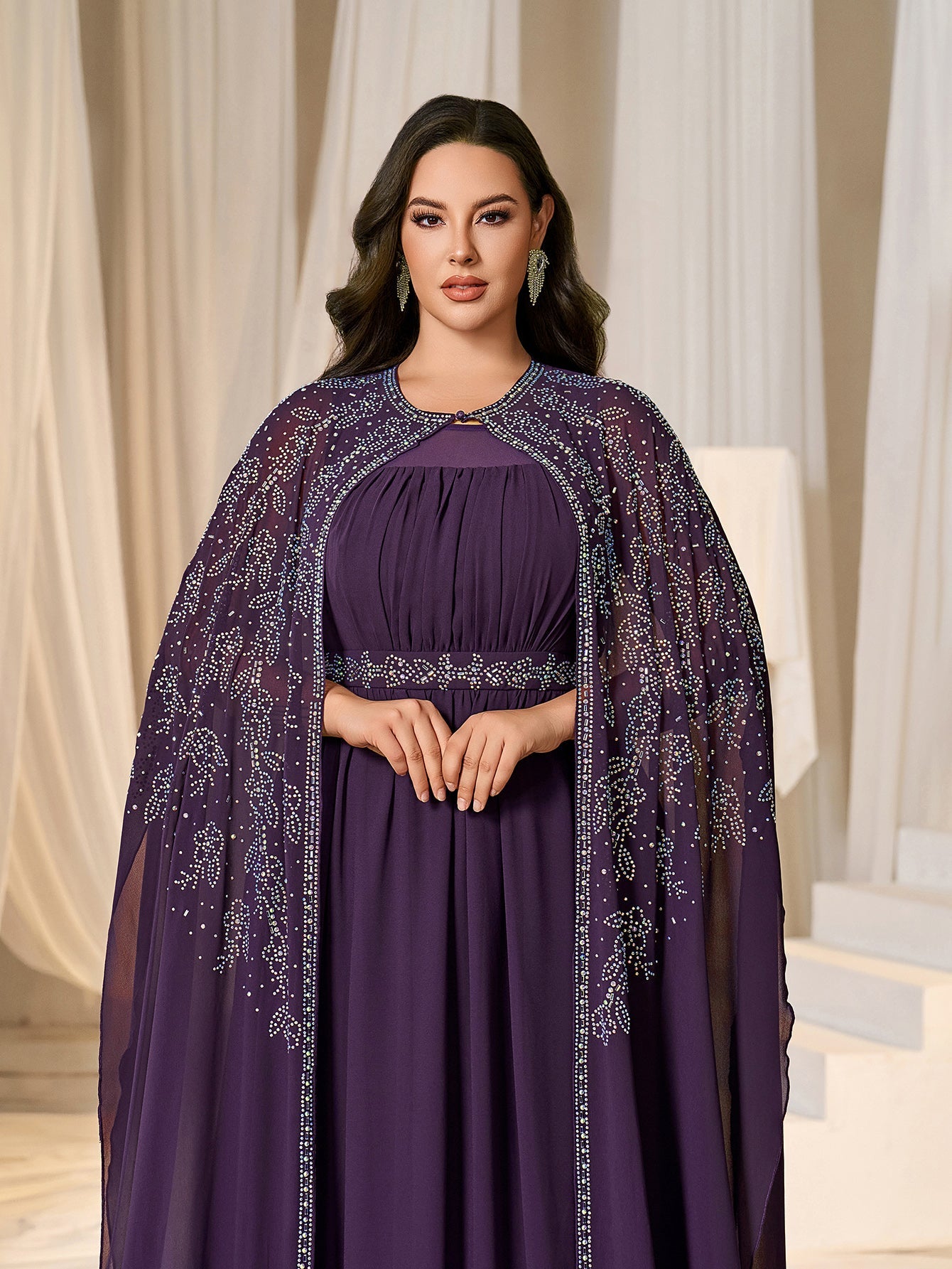 Rhinestone Cape Sleeves & A-Line Skirt with Cathedral Train