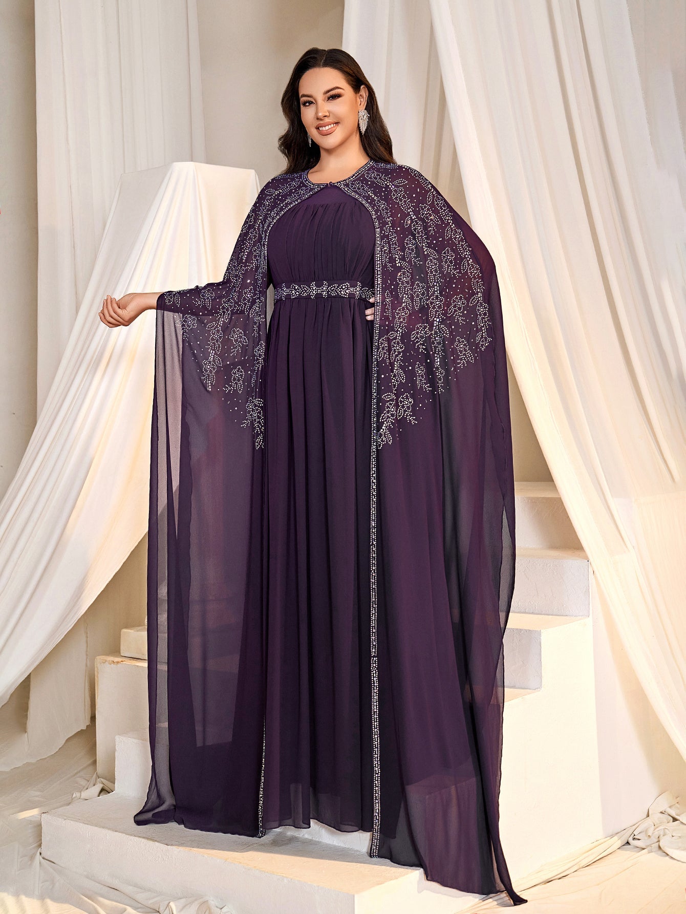 Rhinestone Cape Sleeves & A-Line Skirt with Cathedral Train