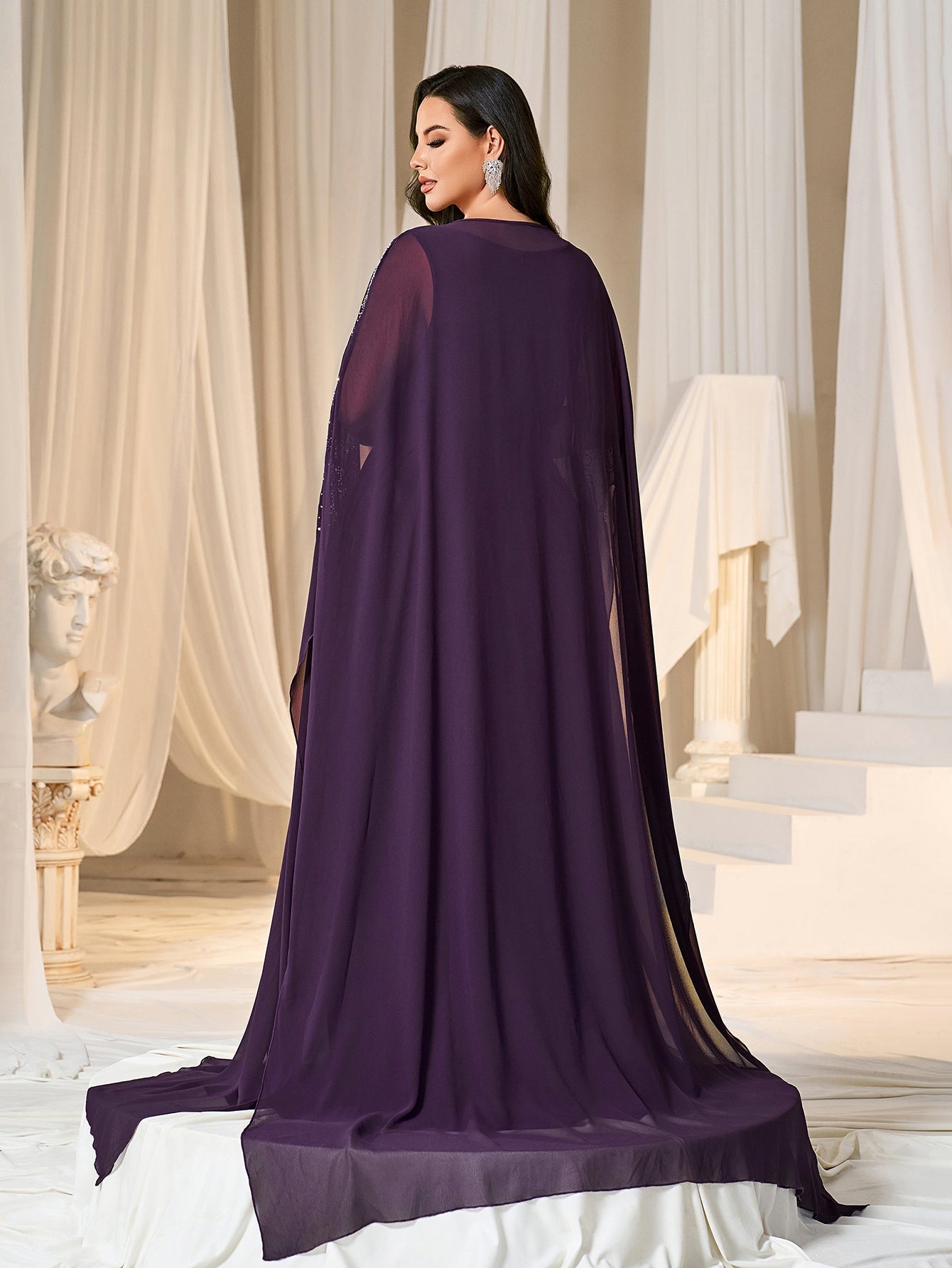 Rhinestone Cape Sleeves & A-Line Skirt with Cathedral Train