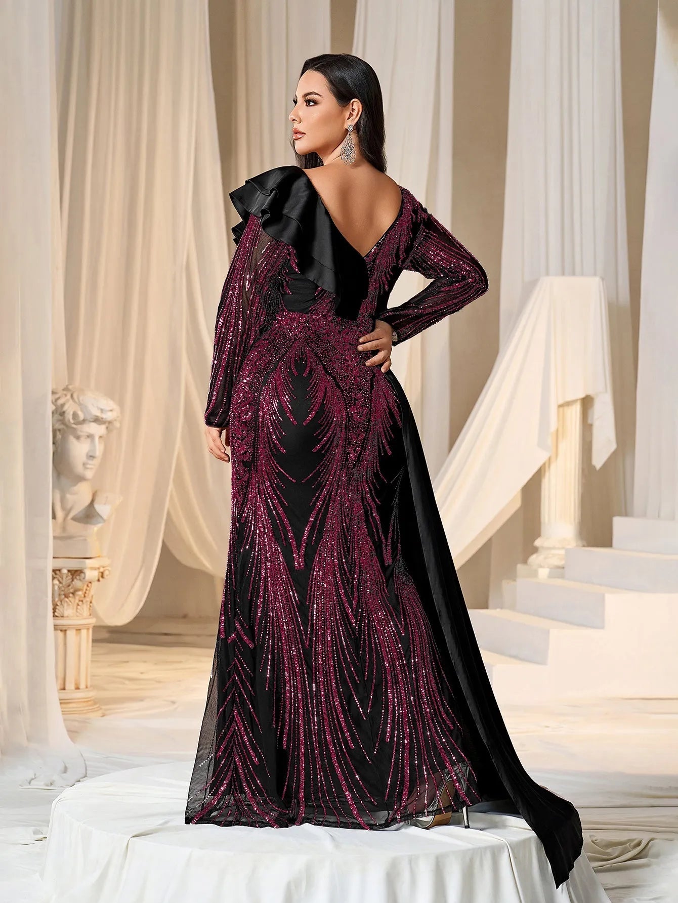 Plus Asymmetrical Ruffle Trim Mermaid Hem Graphic Sequin Formal Dress Burgundy / 5XL Plus Asymmetrical Ruffle Trim Mermaid Hem Graphic Sequin Formal Dress Burgundy / 5XL