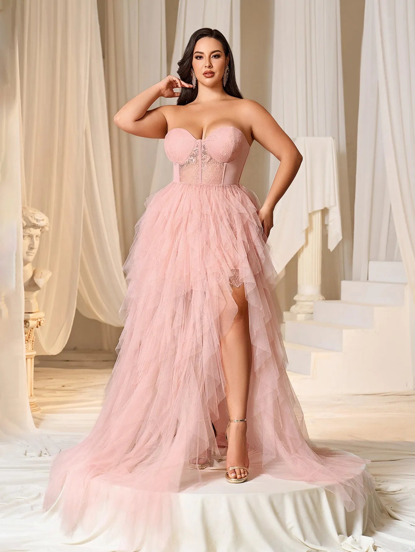 pink layered mesh dress Elegant Pink Spaghetti Strap Long Evening Dress, Embroidered Bodice With Layered Mesh Skirt, Suitable For Parties