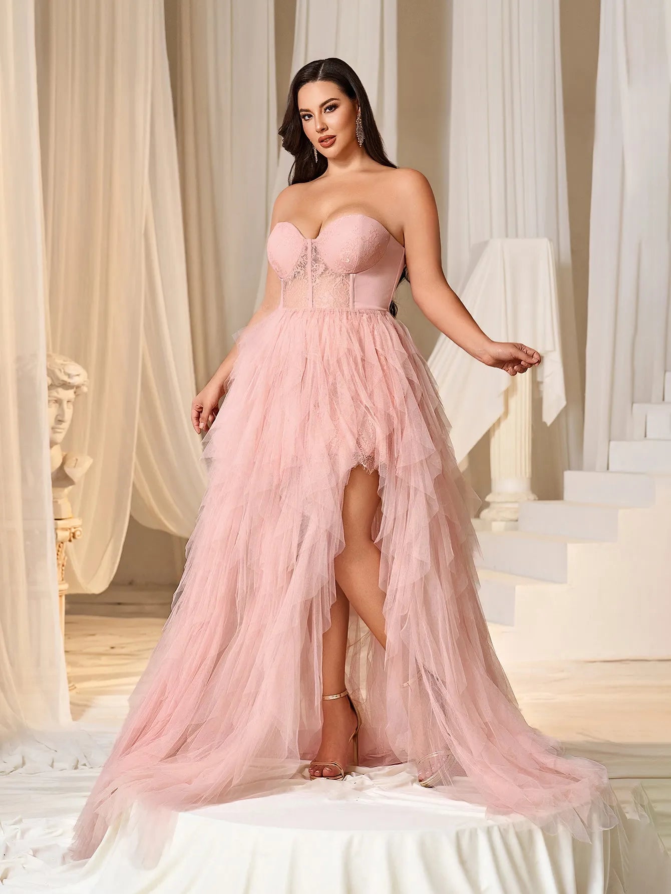 mesh layered prom dress Sweethearted Strapless Mesh Layered A-Line Prom Dress 3XL / Pink